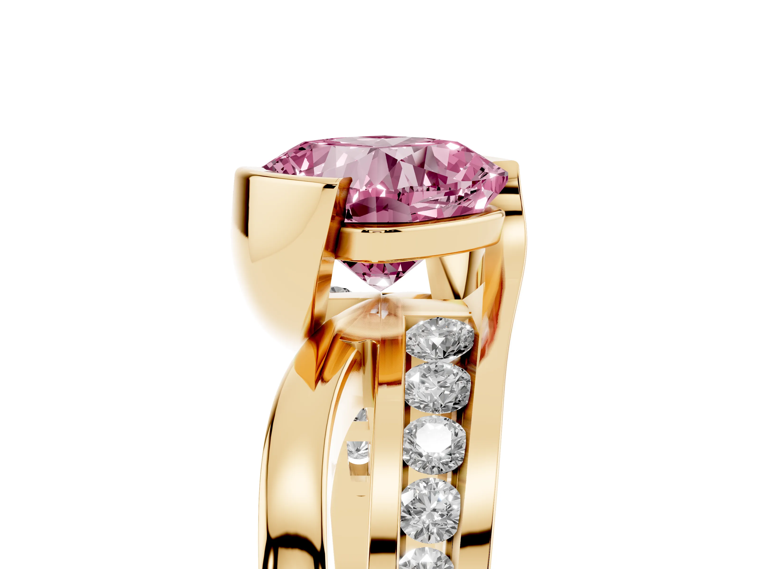 Fancy Pink Cushion Cut Diamond Solitaire Ring Set in Yellow gold with Channel Set Split Shank and Tension Prongs