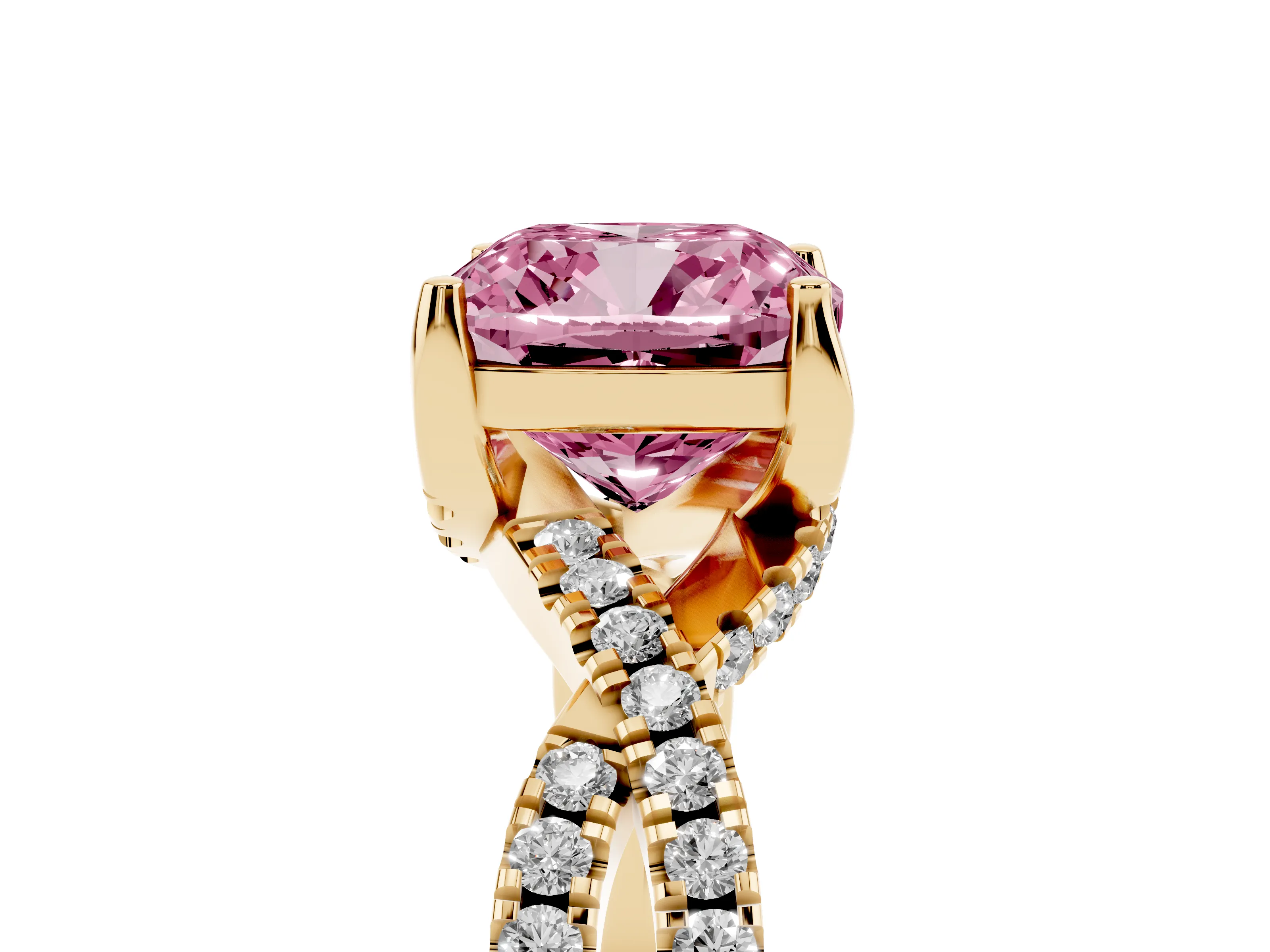 Fancy Pink Cushion Cut Diamond Twist Pavé Solitaire Engagement Ring Set in Yellow gold with Prong Setting