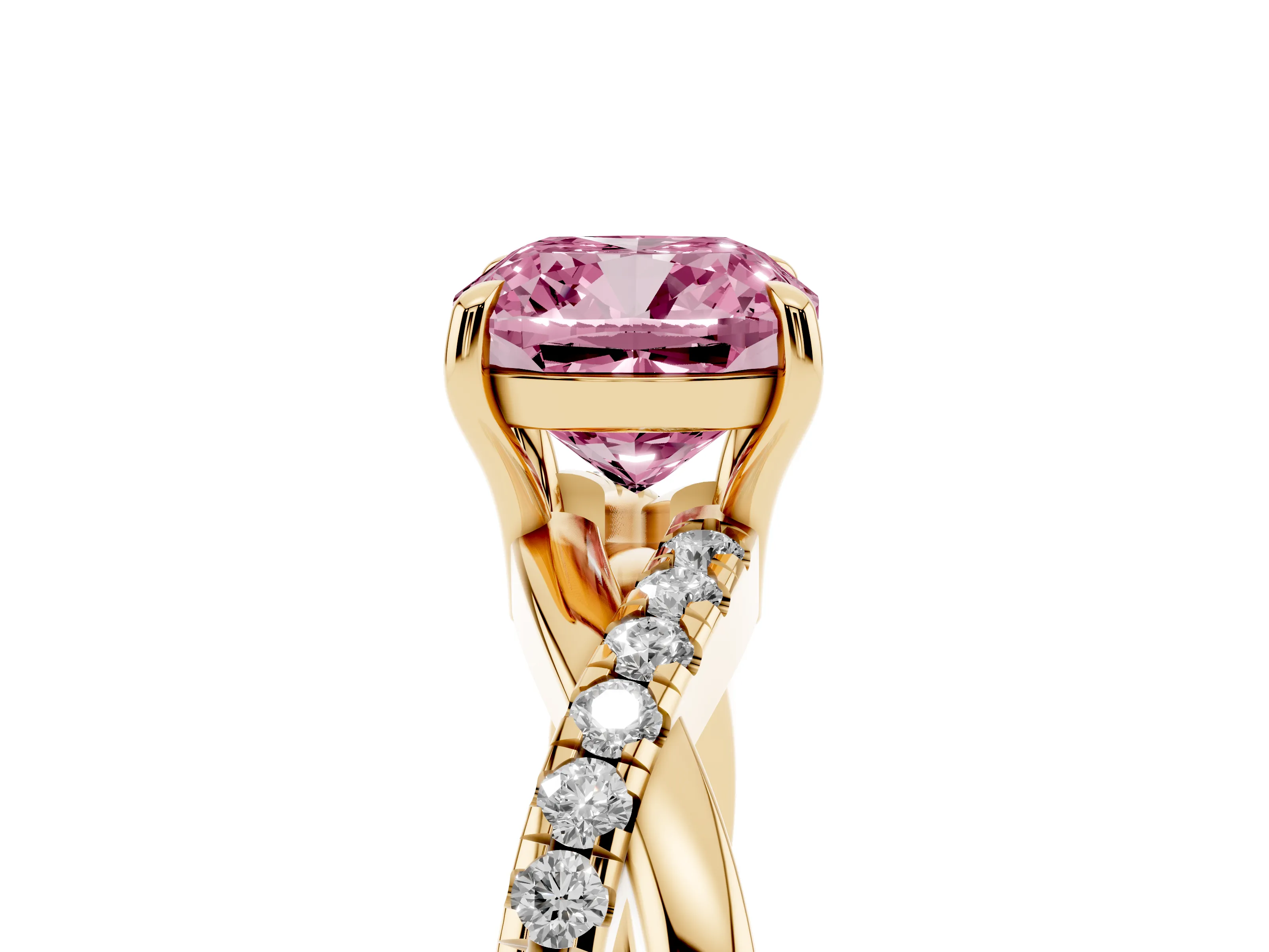 Fancy Pink Cushion Cut Diamond Twisted Pavé Band Ring Set in Yellow gold with Prong Setting