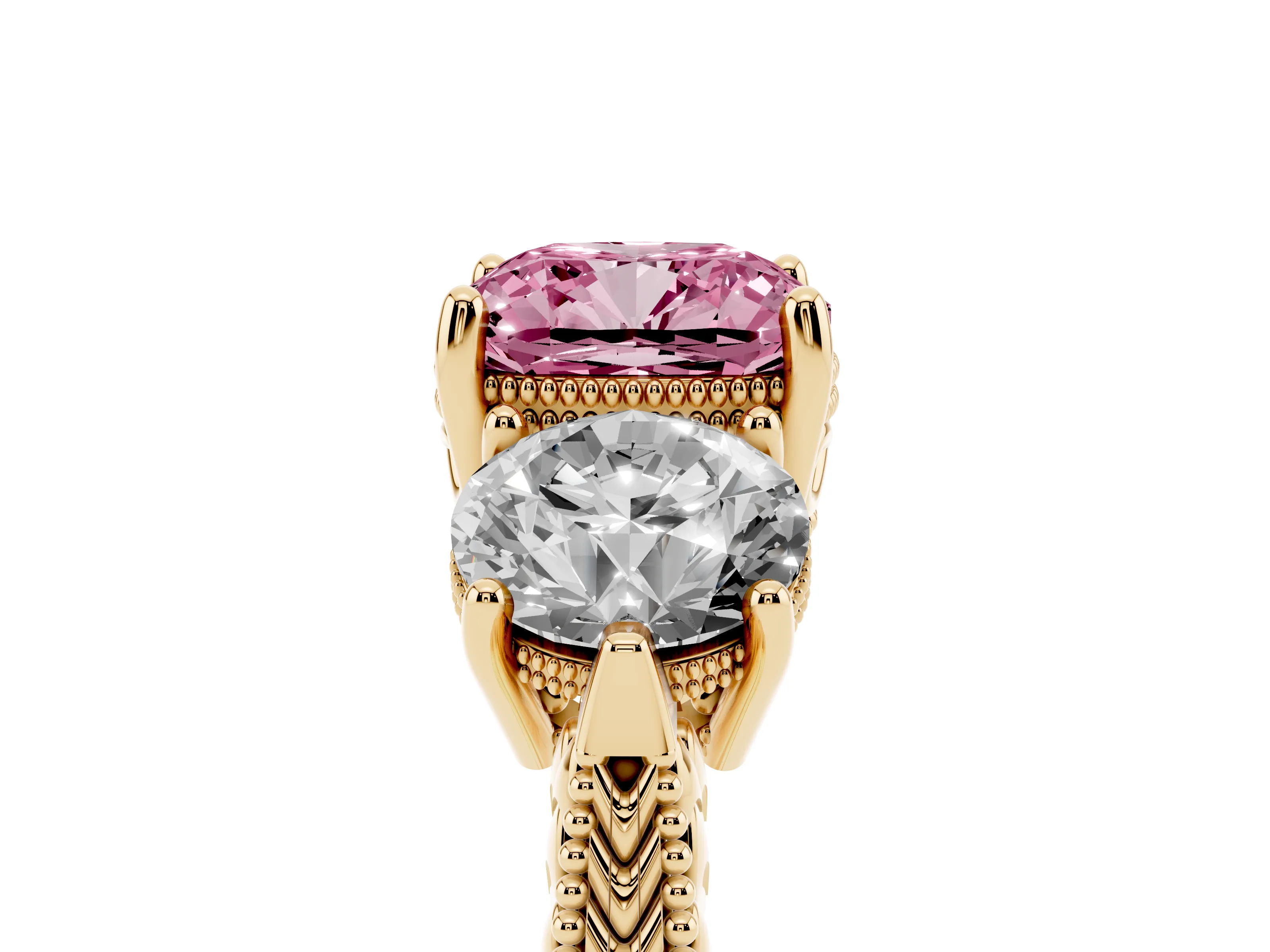 Fancy Pink Cushion Cut Diamond Three-Stone Ring Set in Yellow gold with Milgrain Band