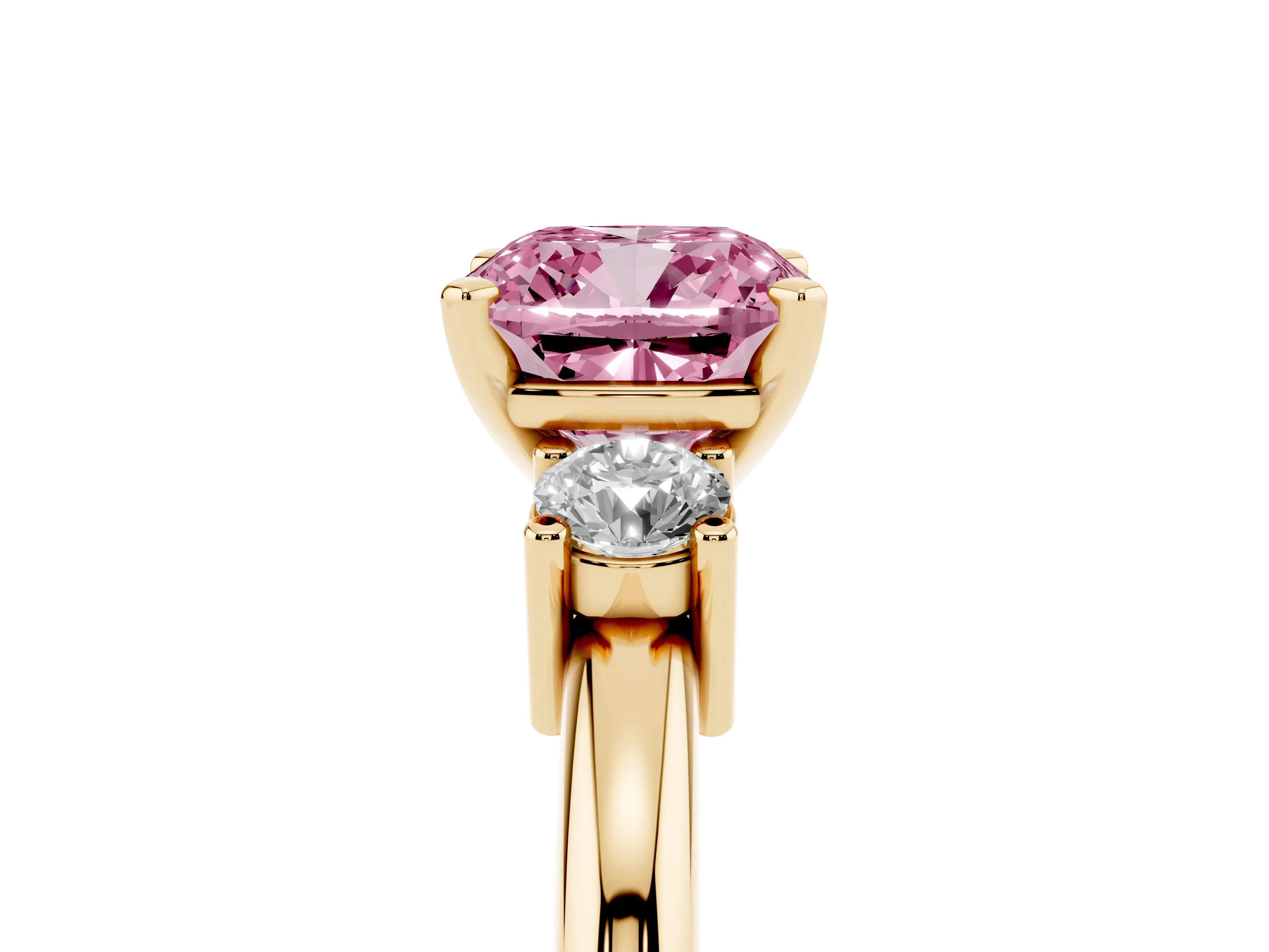 Fancy Pink Three-Stone Cushion Cut Diamond Ring Set in Yellow gold with Prong Setting and Plain Band