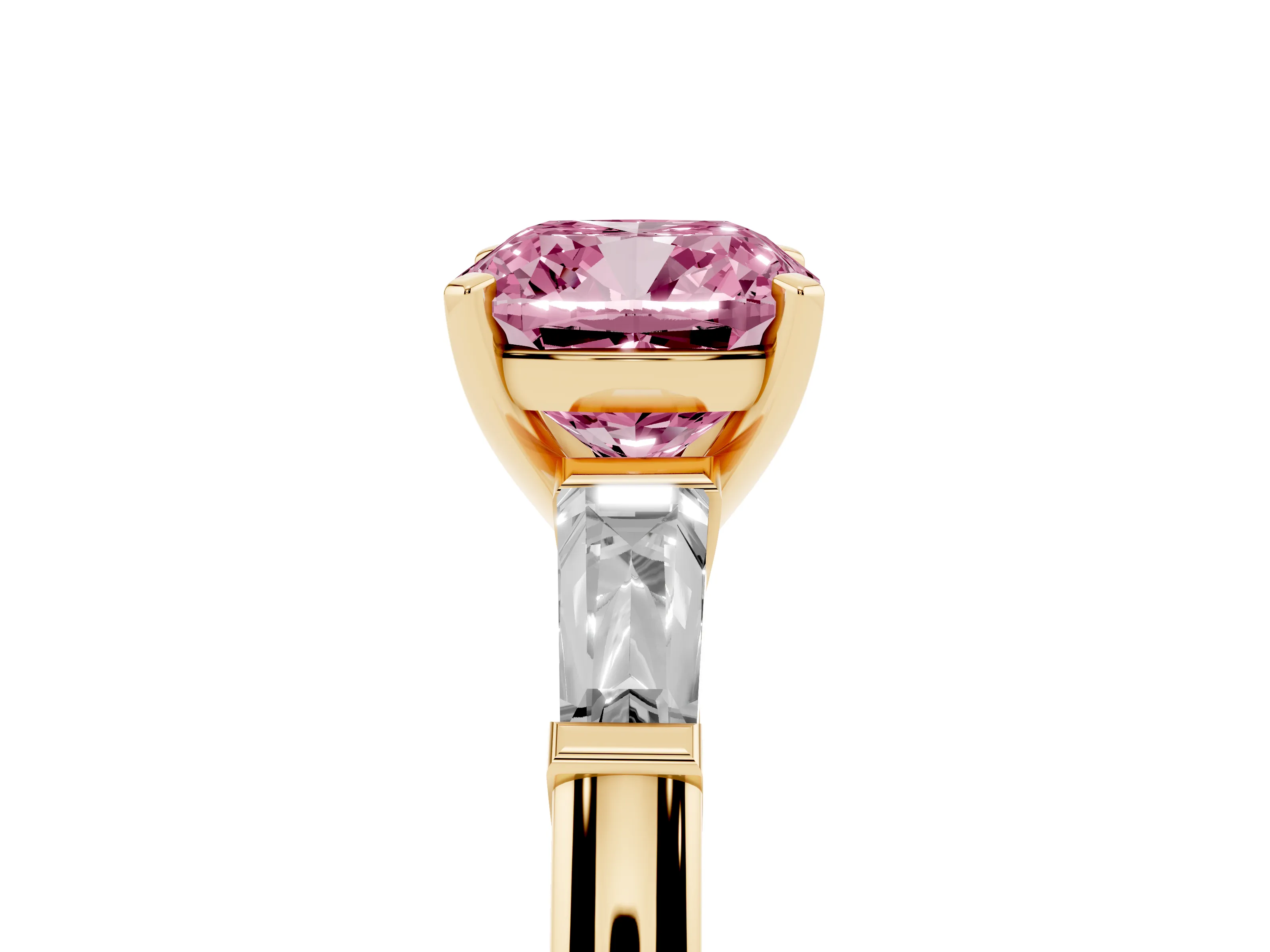 Fancy Pink Cushion Cut Diamond Solitaire Ring Set in Yellow gold with Tapered Baguette Side Stones and Prong Setting