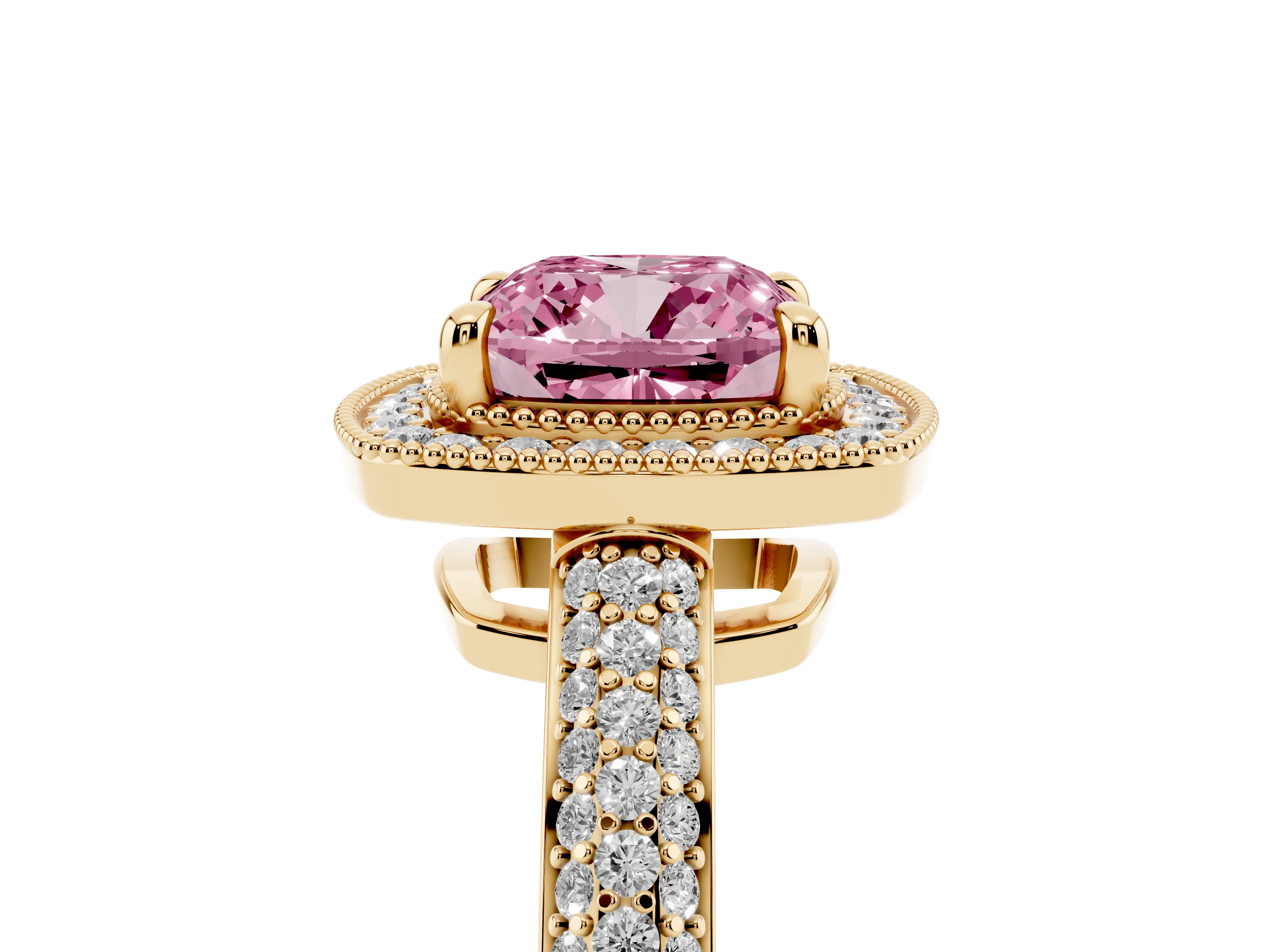 Fancy Pink Cushion Cut Diamond Halo Pavé Band Set in Yellow gold with Prong Setting
