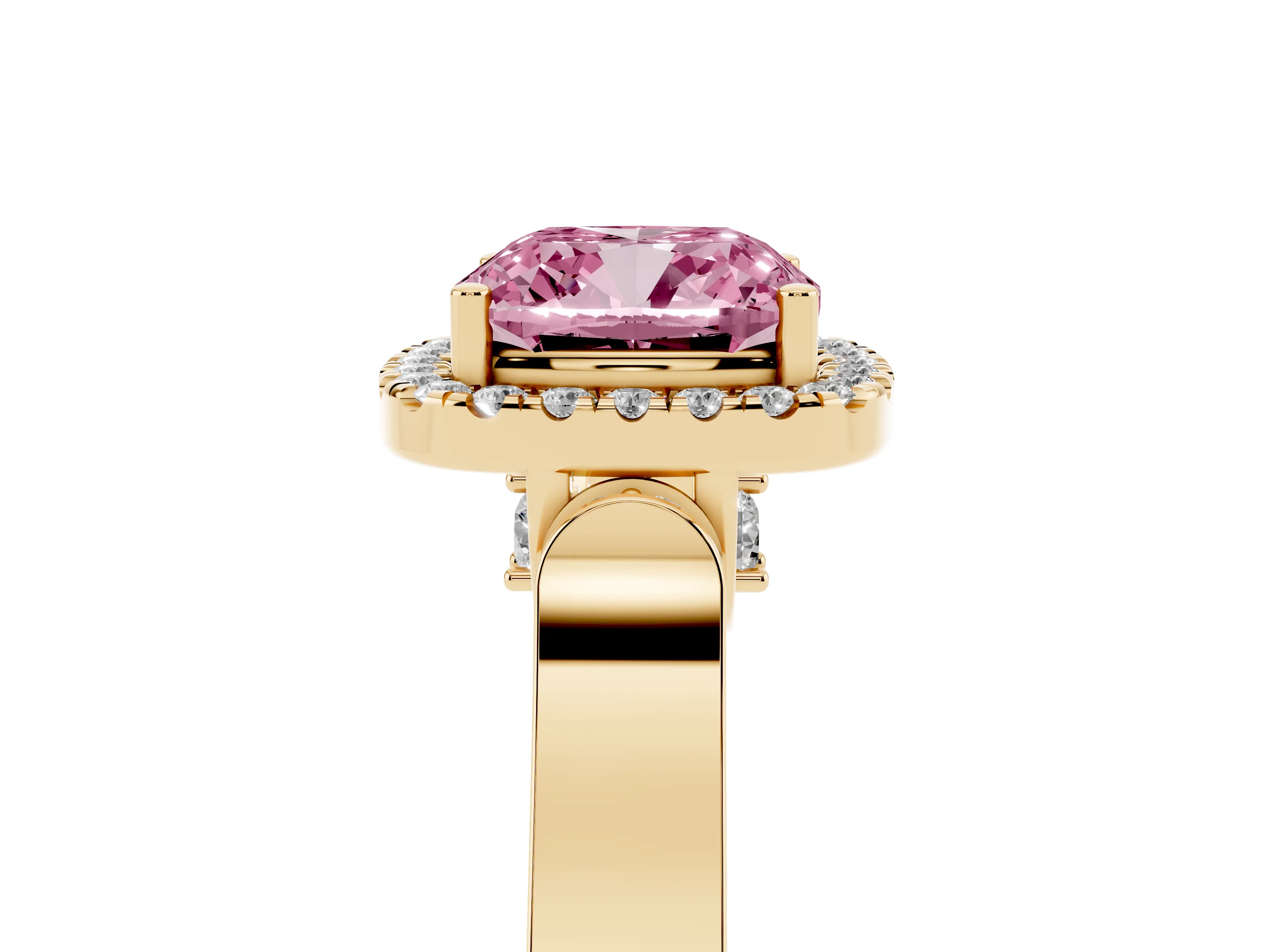 Fancy Pink Cushion Cut Diamond Halo Ring Set in Yellow gold with Pavé-Lined Split Shank Band