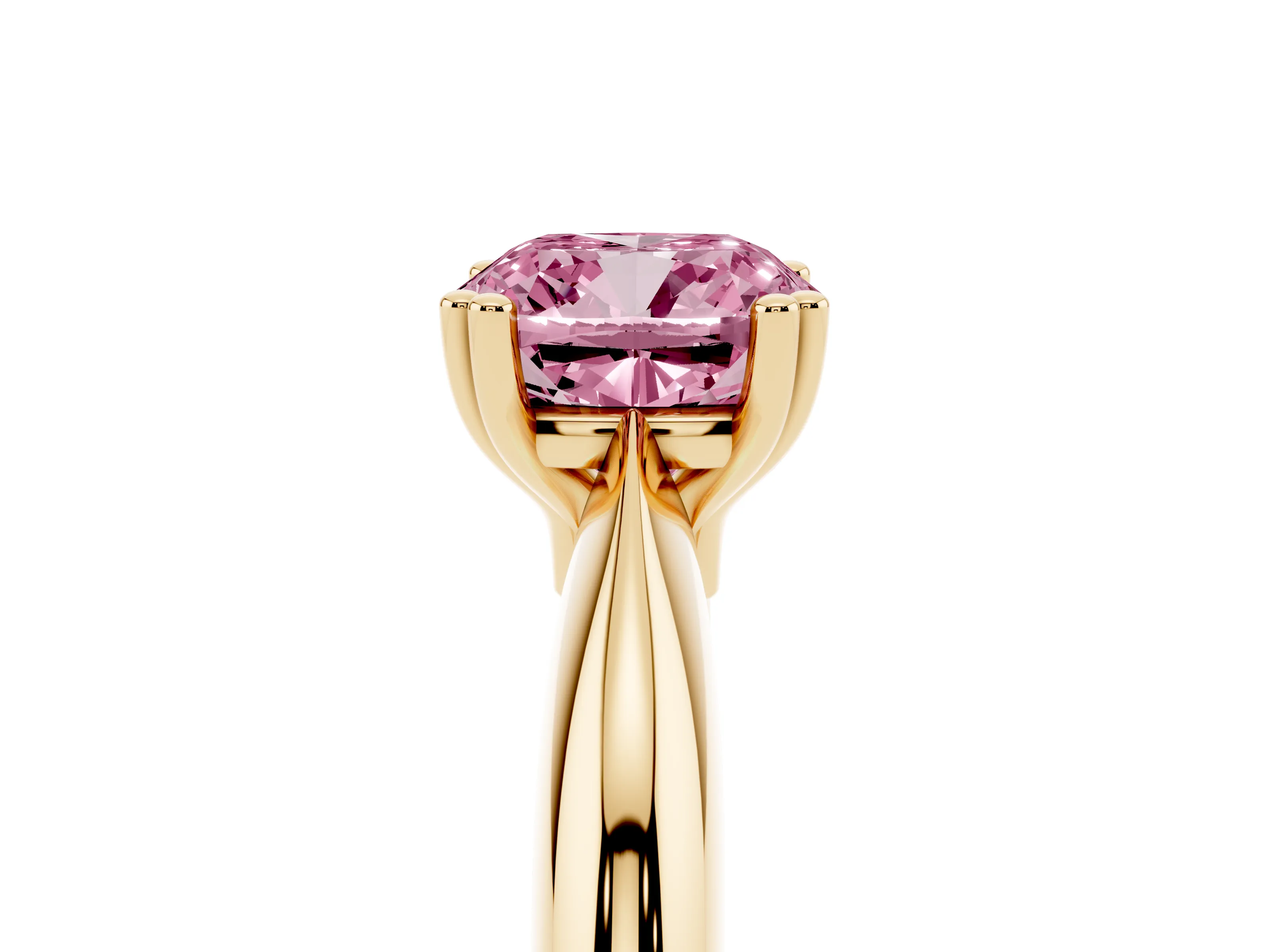 Fancy Pink Cushion Cut Diamond Solitaire Engagement Ring Set in Yellow gold with Tapered Band and Prong Setting