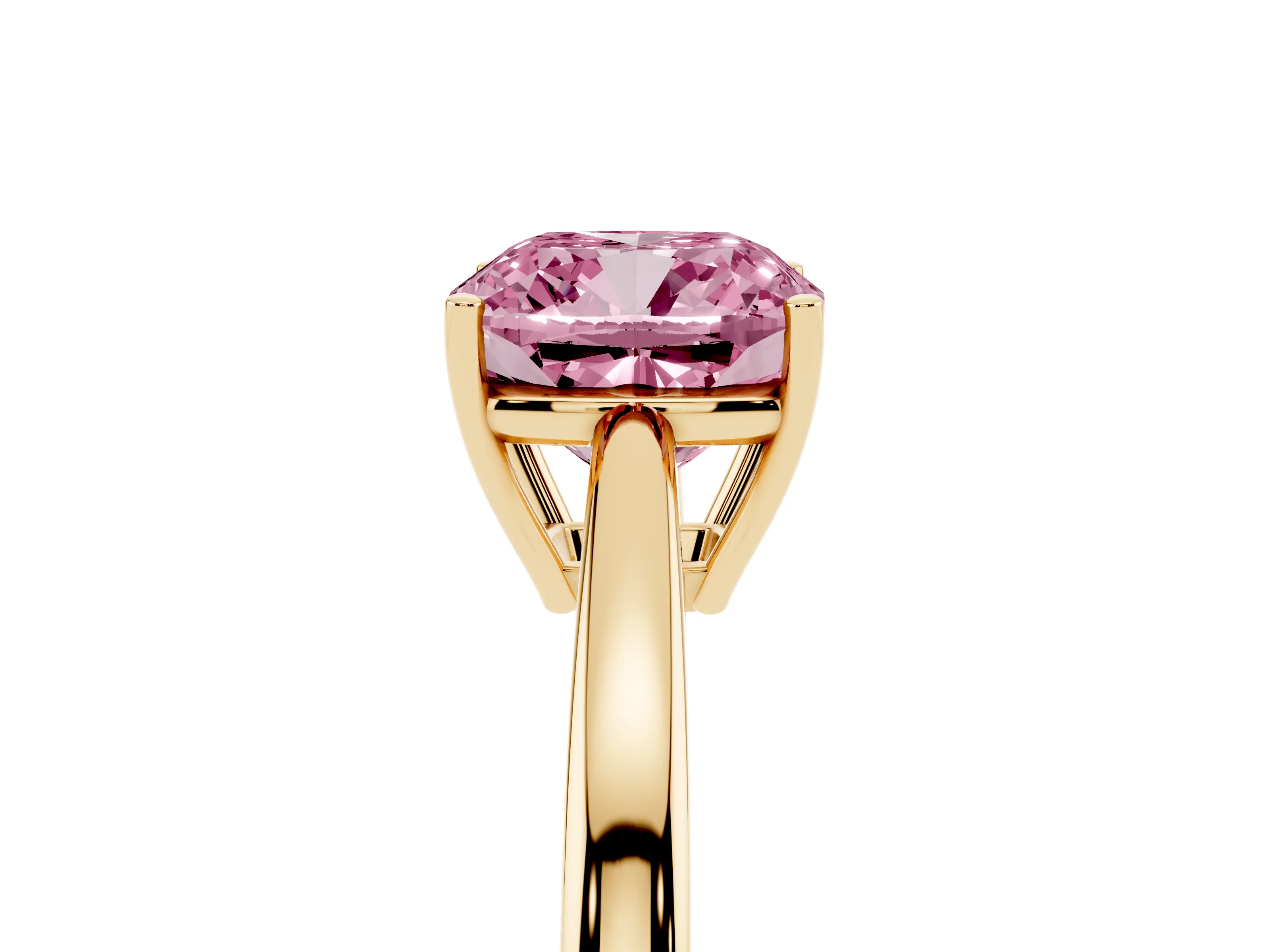Fancy Pink Cushion Cut Diamond Solitaire Ring Set in Yellow gold with Split Shank and Prong Setting
