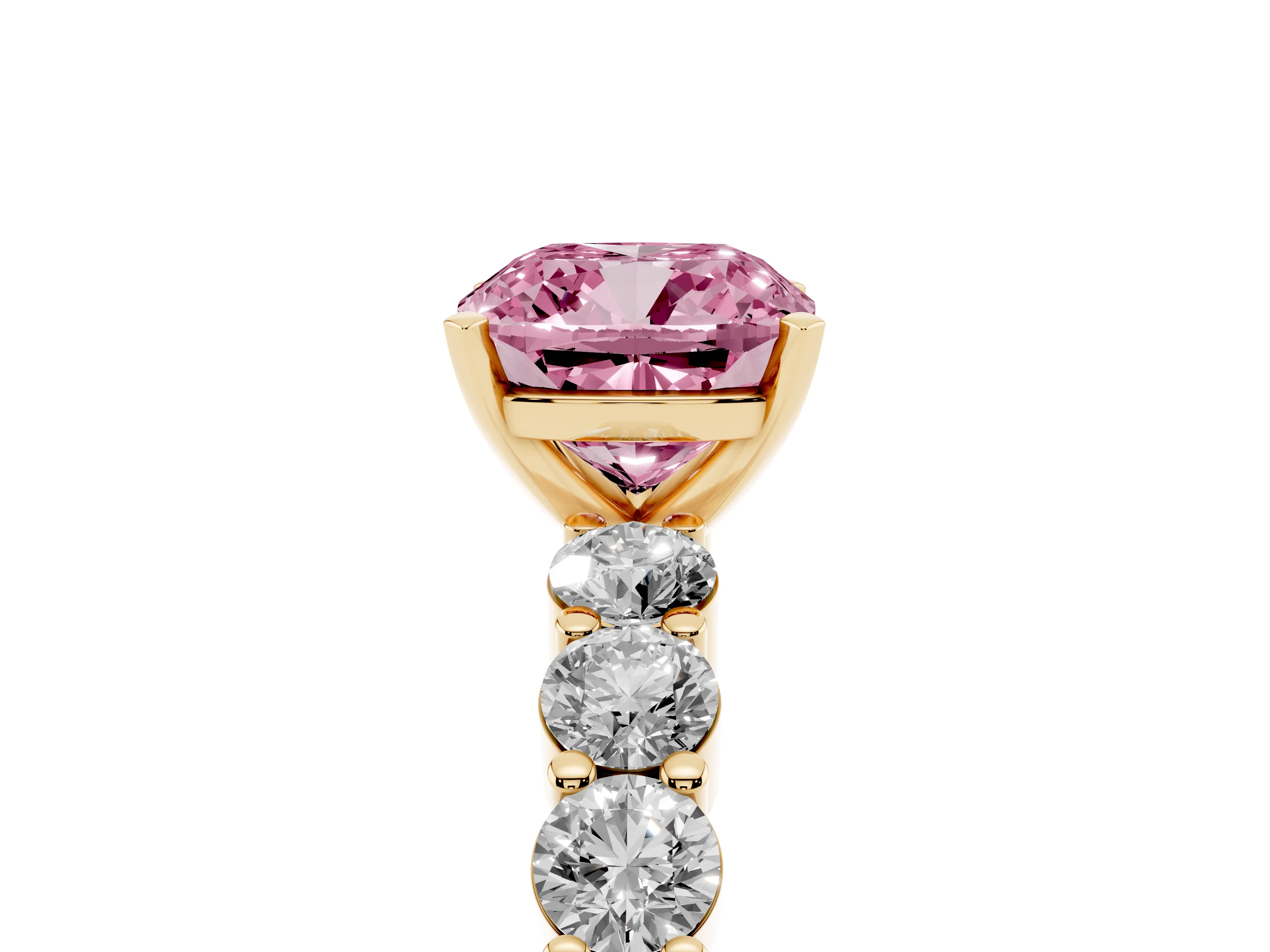 Fancy Pink Cushion Cut Diamond Solitaire Ring Set in Yellow gold with Shared Prong Round Side Stones