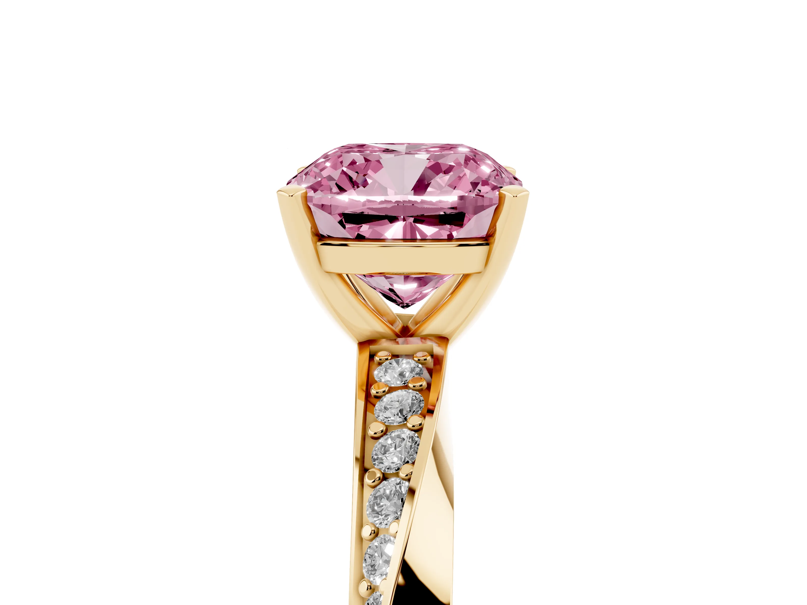 Fancy Pink Cushion Cut Diamond Engagement Ring Set in Yellow gold with Side Stone Accents and Prong Setting