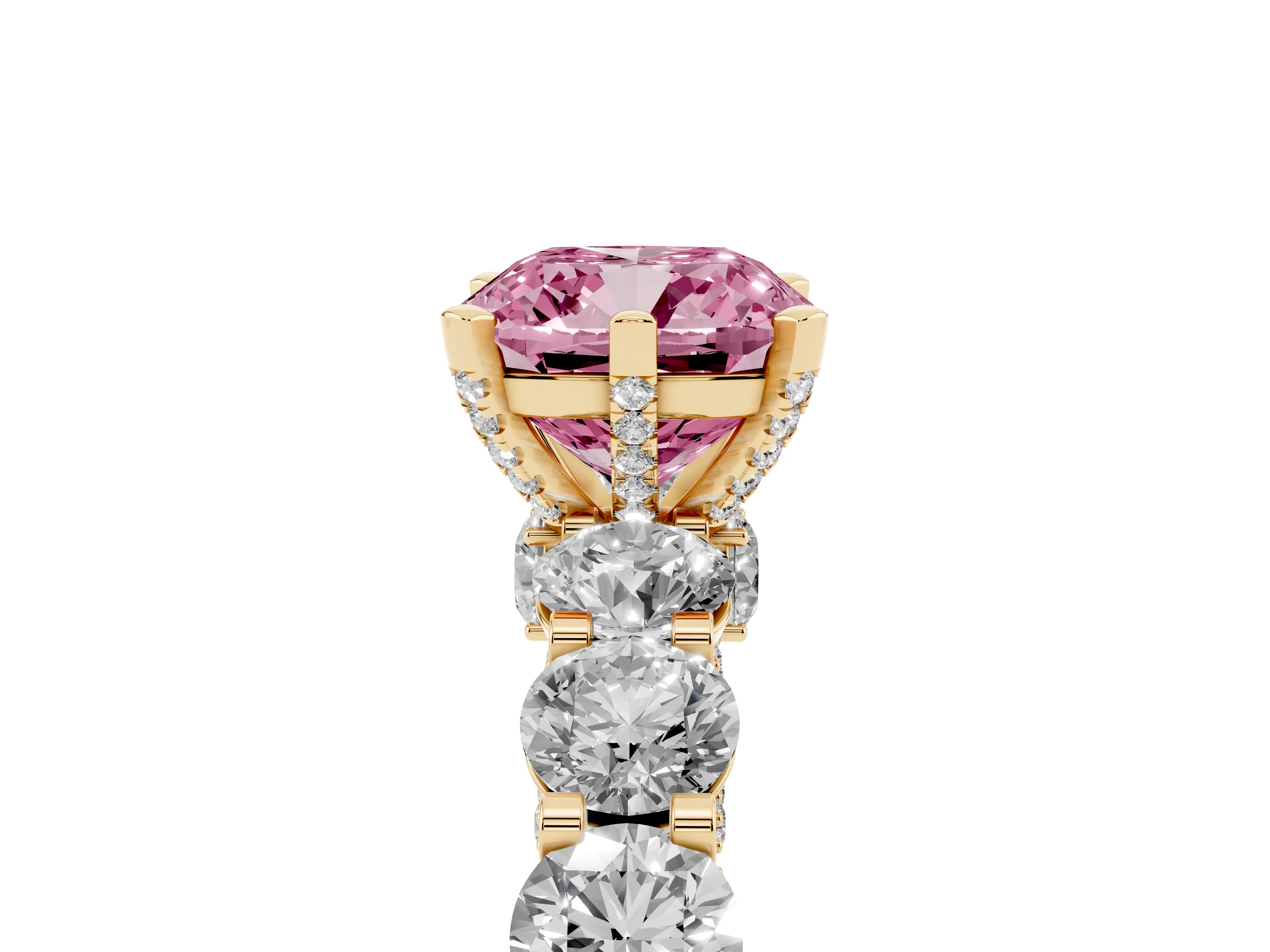 Fancy Pink Cushion Cut Diamond Side Stone Ring Set in Yellow gold with Alternating Round and Oval Side Stones