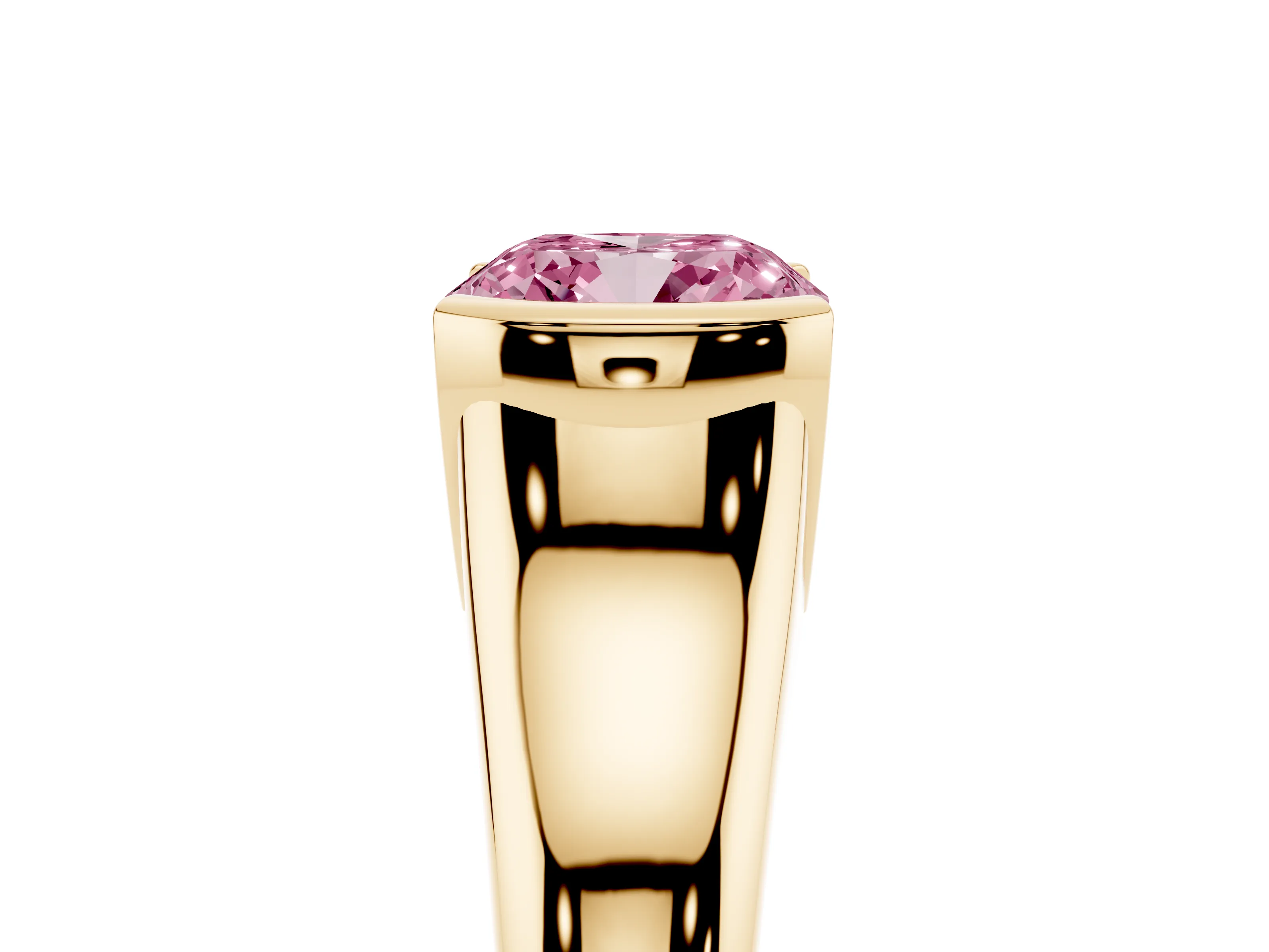 Fancy Pink Cushion Cut Diamond Solitaire Tension Set Ring Set in Yellow gold with Split Shank Band