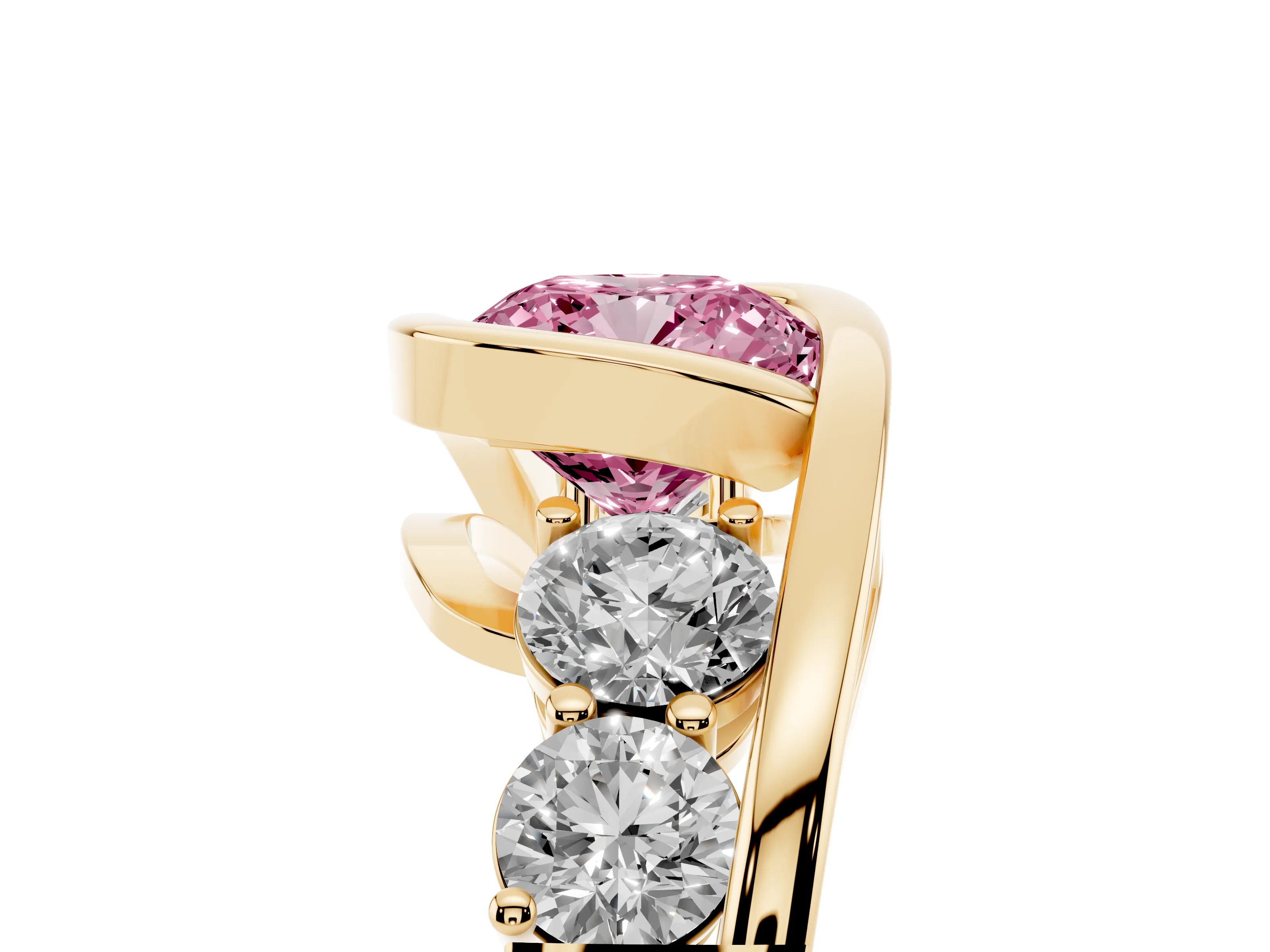 Fancy Pink Cushion Cut Diamond Bezel Bypass Ring Set in Yellow gold with Round Accents
