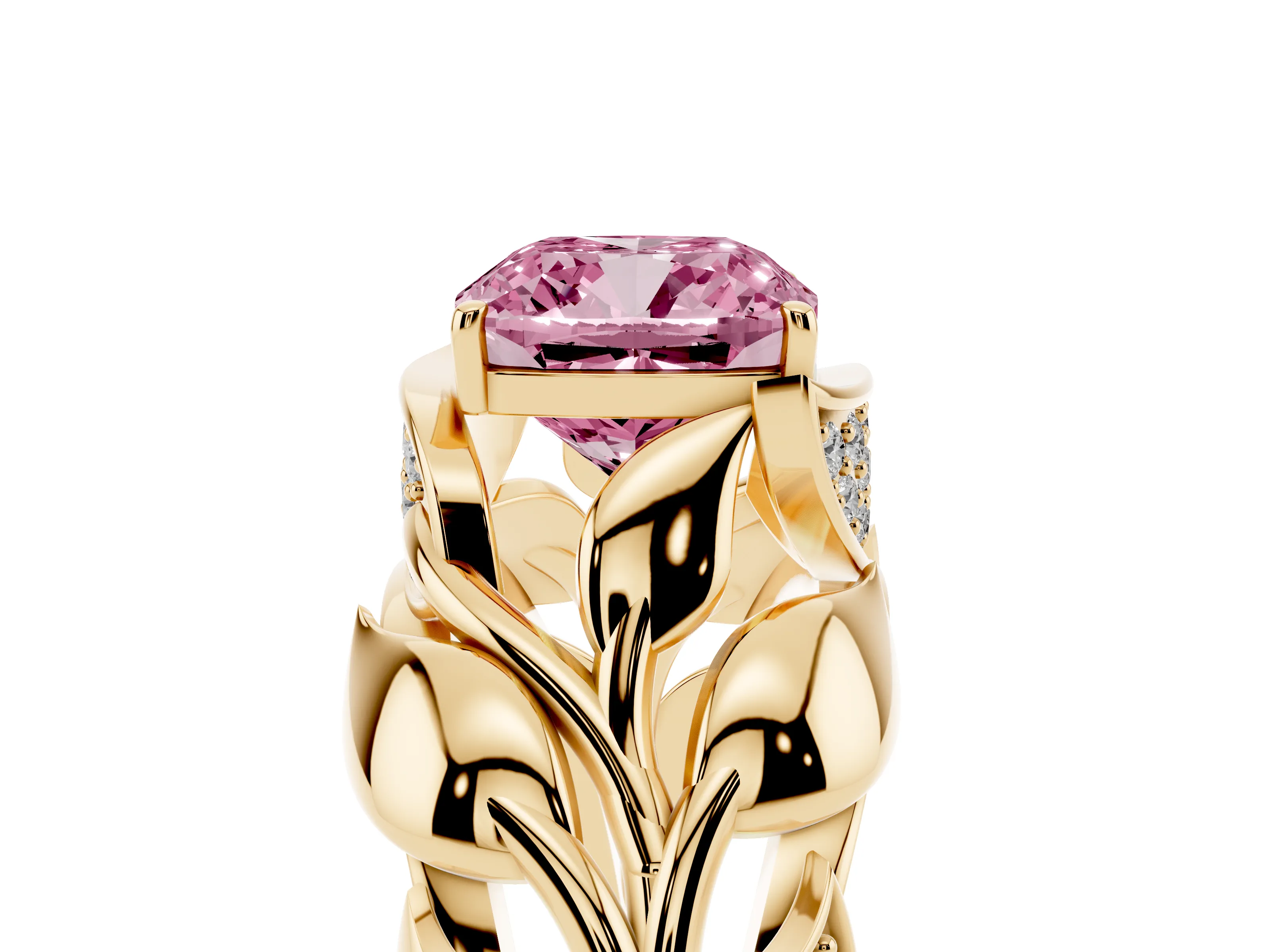 Fancy Pink Cushion Cut Diamond Leaf-Inspired Engagement Ring Set in Yellow gold with Round Accents