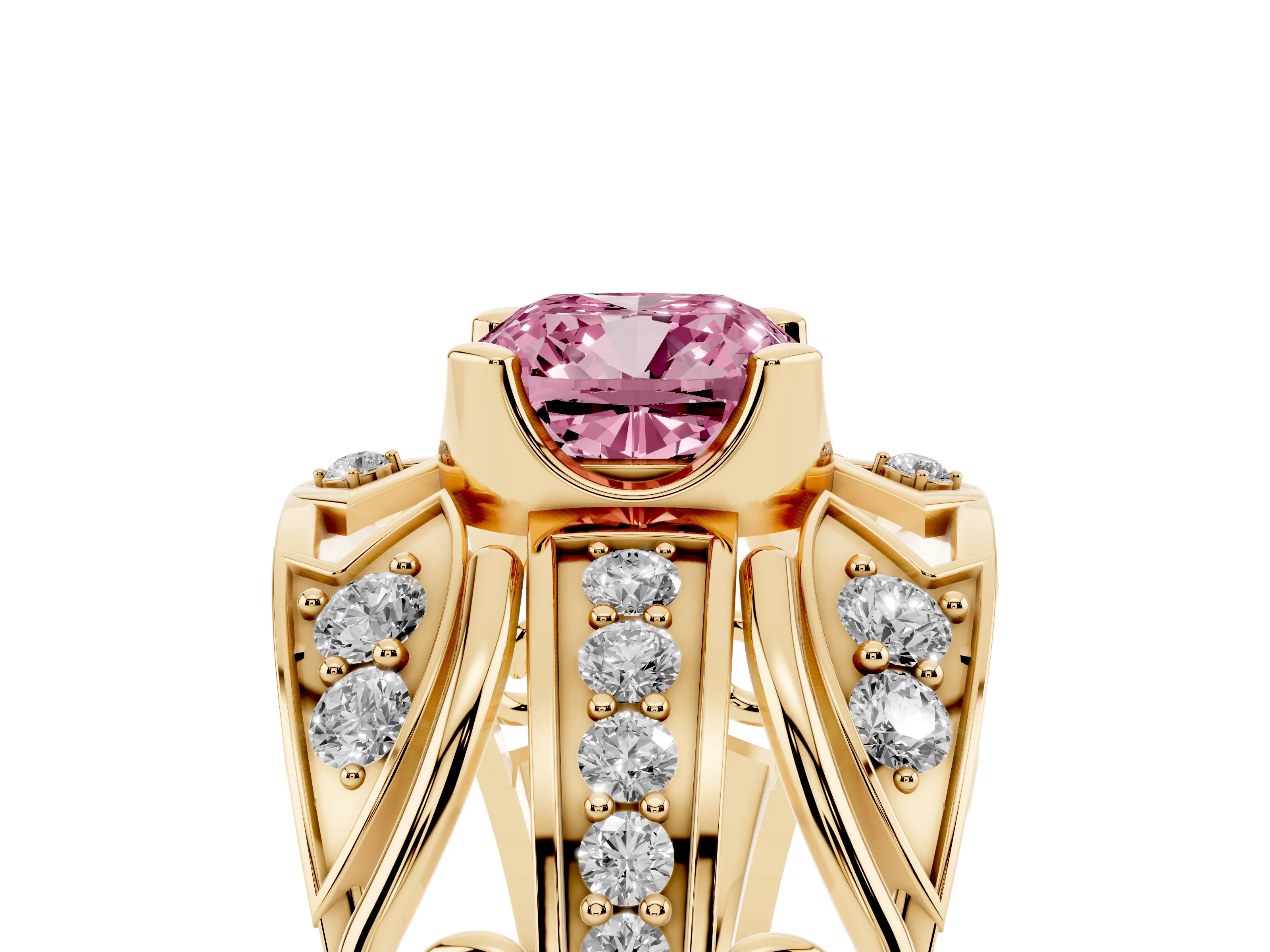 Fancy Pink Cushion Cut Diamond Art Deco Ring Set in Yellow gold with Pavé Split Shank