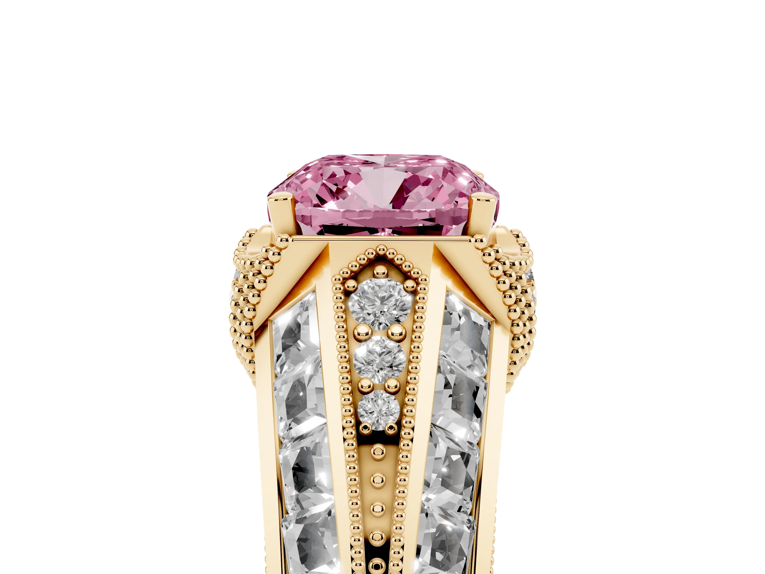 Fancy Pink Cushion Cut Diamond Vintage-Inspired Milgrain Ring Set in Yellow gold with Accent Split Shank