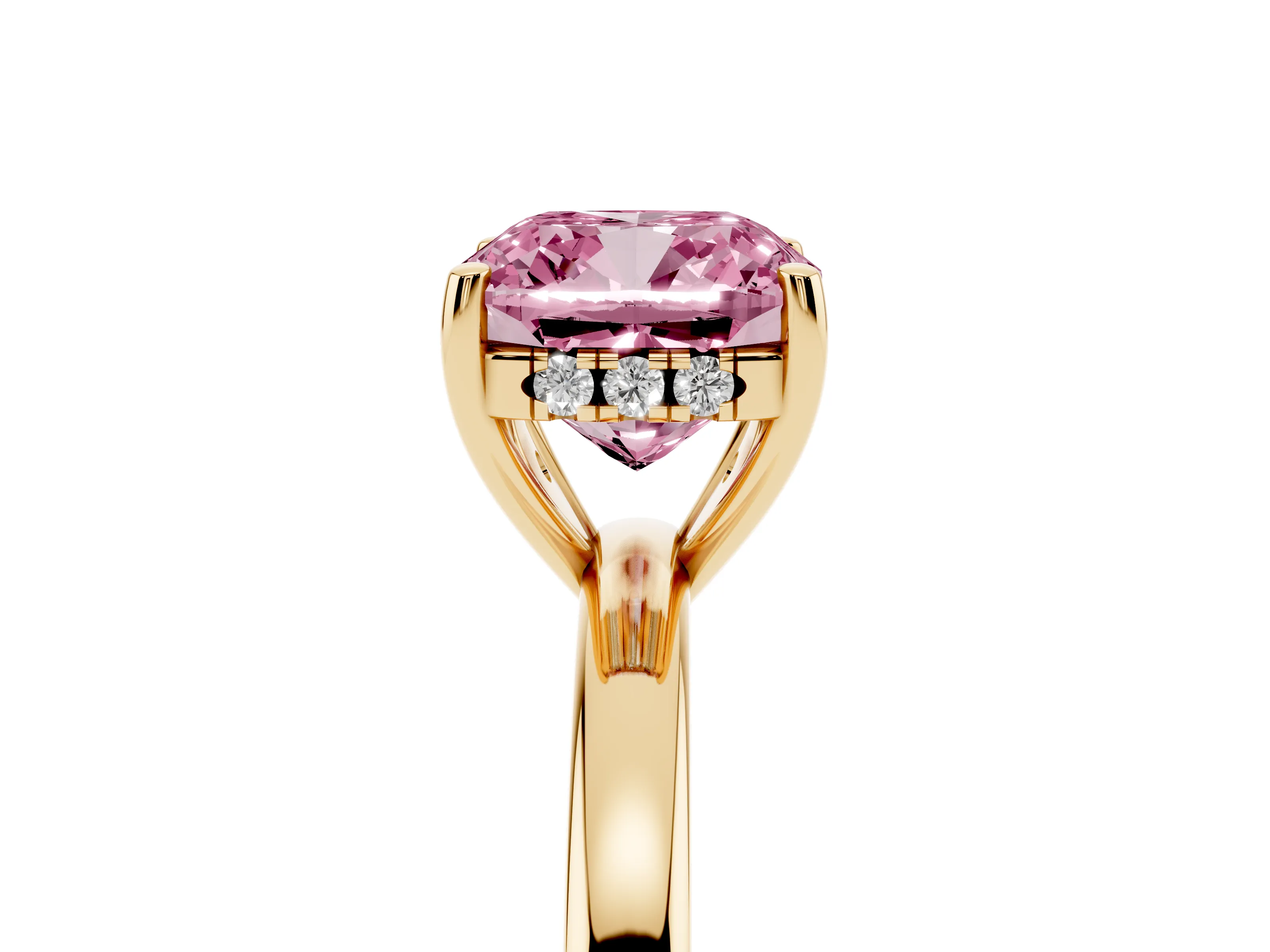 Fancy Pink Cushion Cut Diamond Solitaire Ring Set in Yellow gold with Plain Band and Prong Setting