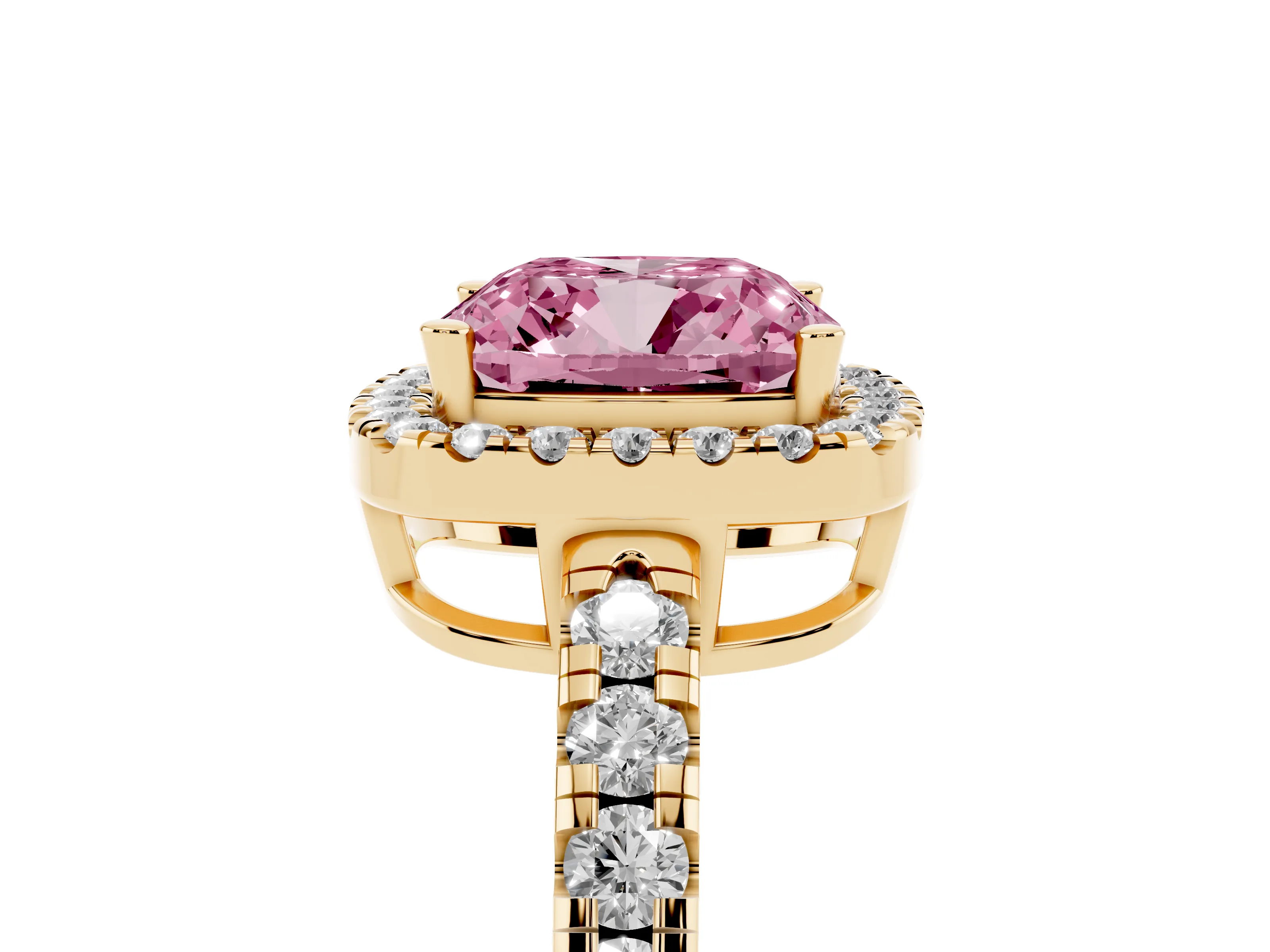 Fancy Pink Cushion Cut Diamond Halo Ring Set in Yellow gold with Delicate Pavé Band and Prong Setting