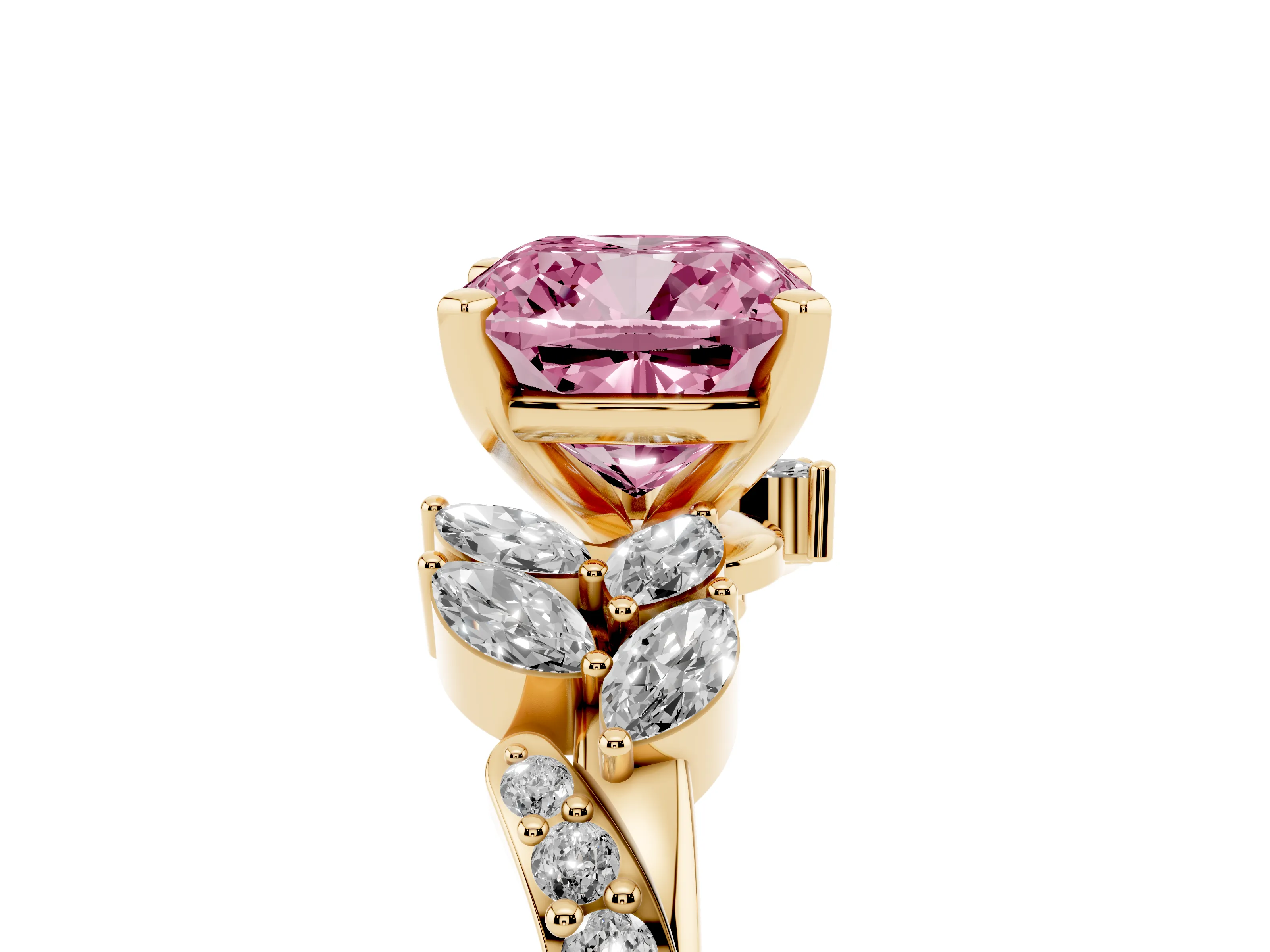 Fancy Pink Cushion Cut Diamond Solitaire Ring Set in Yellow gold with Marquise Twist Band and Prong Setting