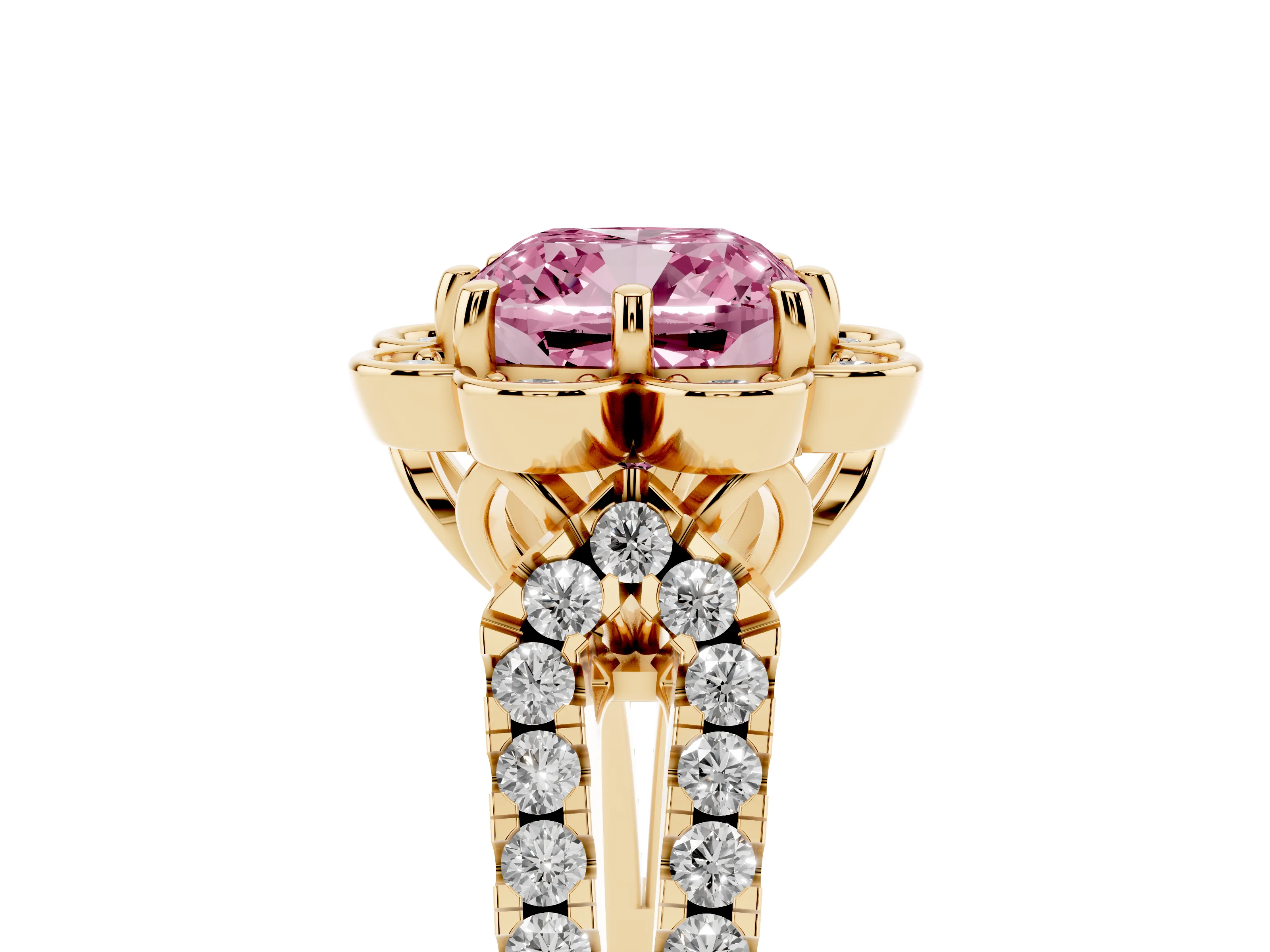 Fancy Pink Cushion Cut Diamond Floral Halo Split Shank Engagement Ring Set in Yellow gold with Pavé Shank