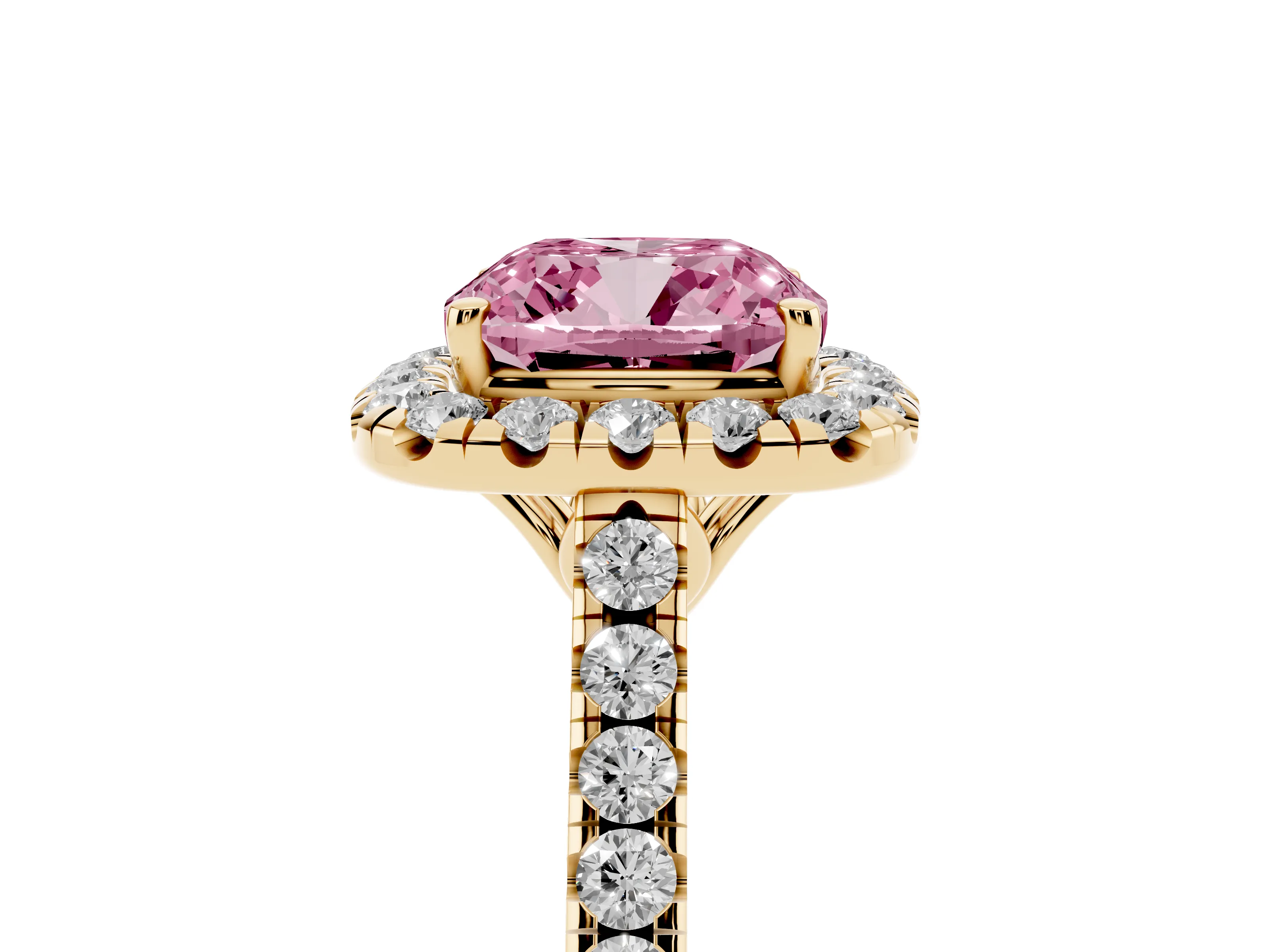 Fancy Pink Cushion Cut Diamond Pavé Halo Engagement Ring Set in Yellow gold with Pavé Band and Prong Setting