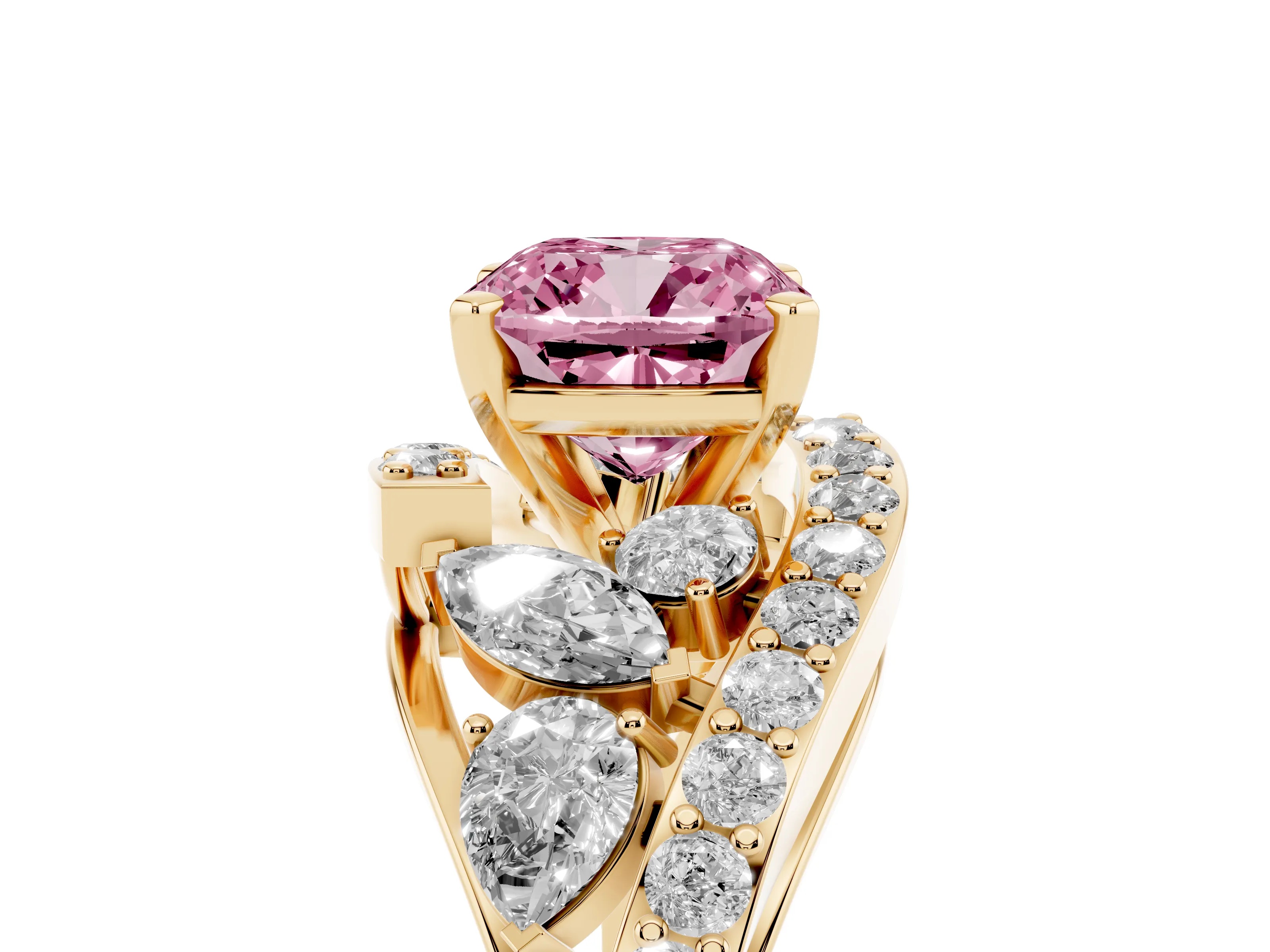 Fancy Pink Cushion Cut Diamond Halo Ring Set in Yellow gold with Marquise and Pavé Band in Prong Setting