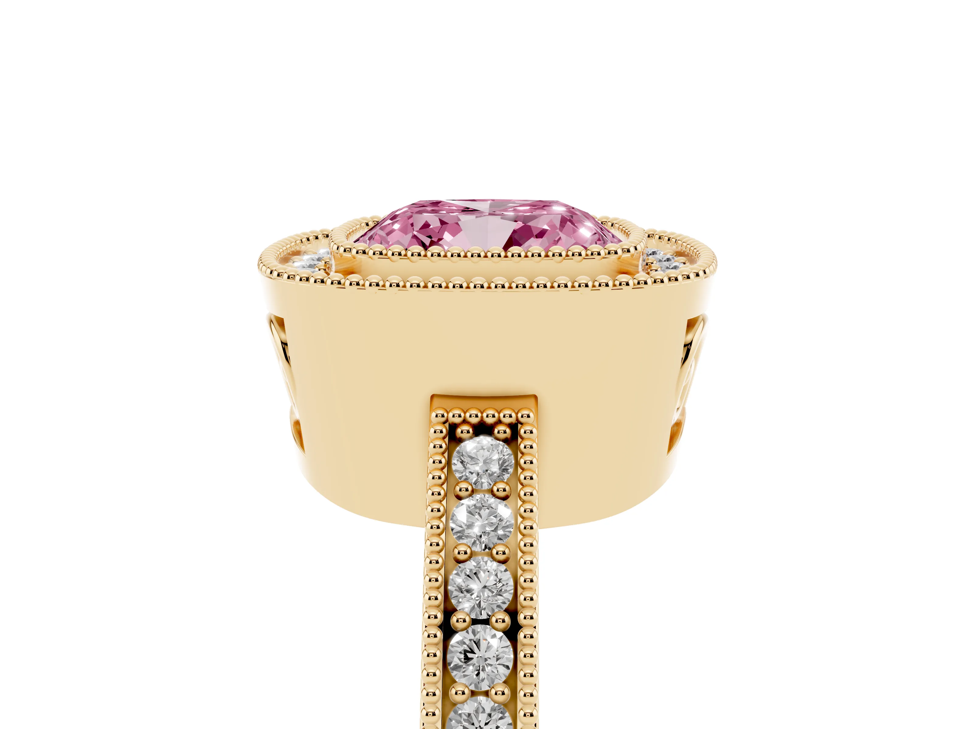 Fancy Pink Cushion Cut Diamond Round Halo Ring Set in Yellow gold with Pavé Band