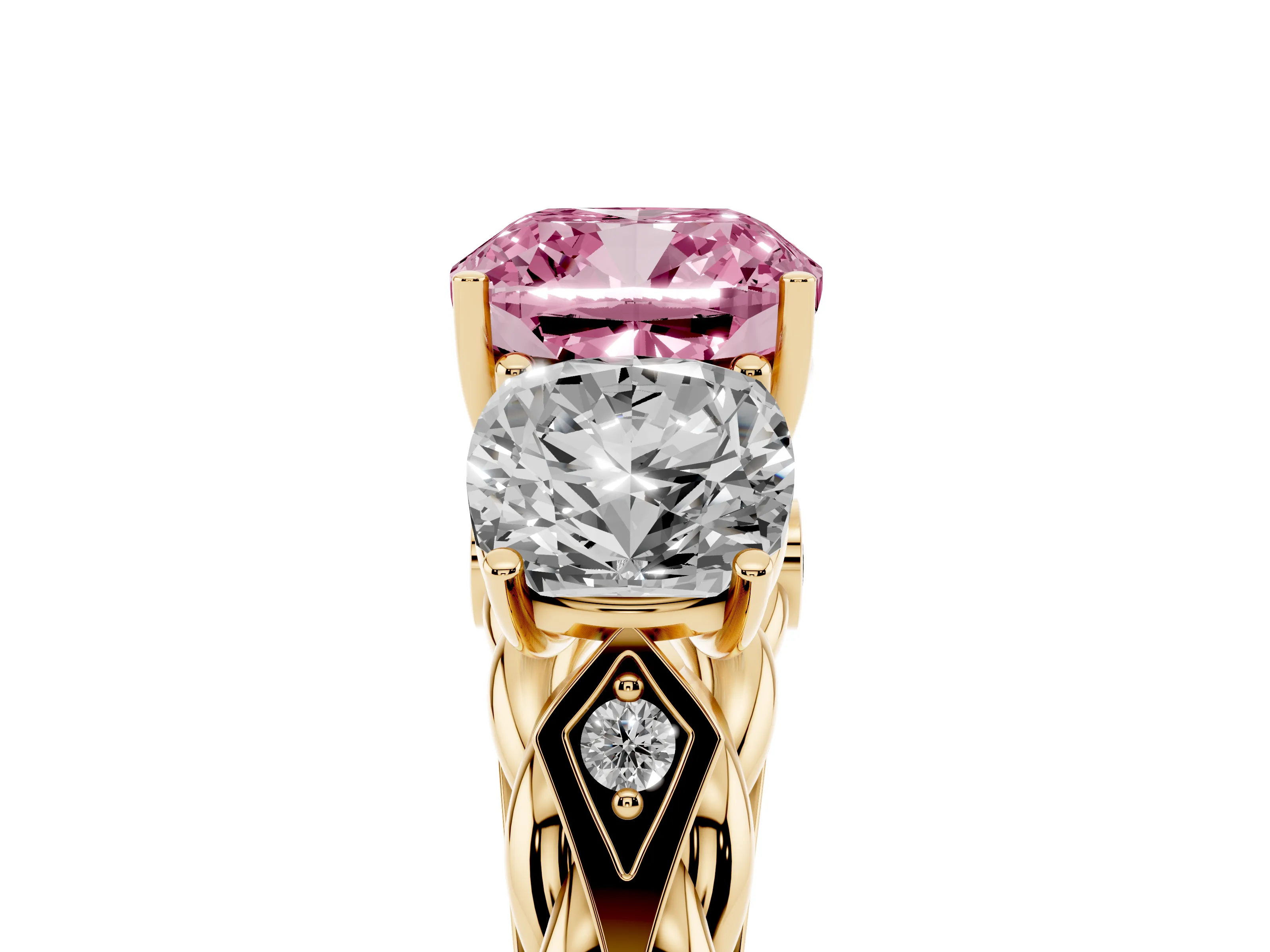 Fancy Pink Cushion Cut Diamond Three-Stone Ring Set in Yellow gold with Braided Band