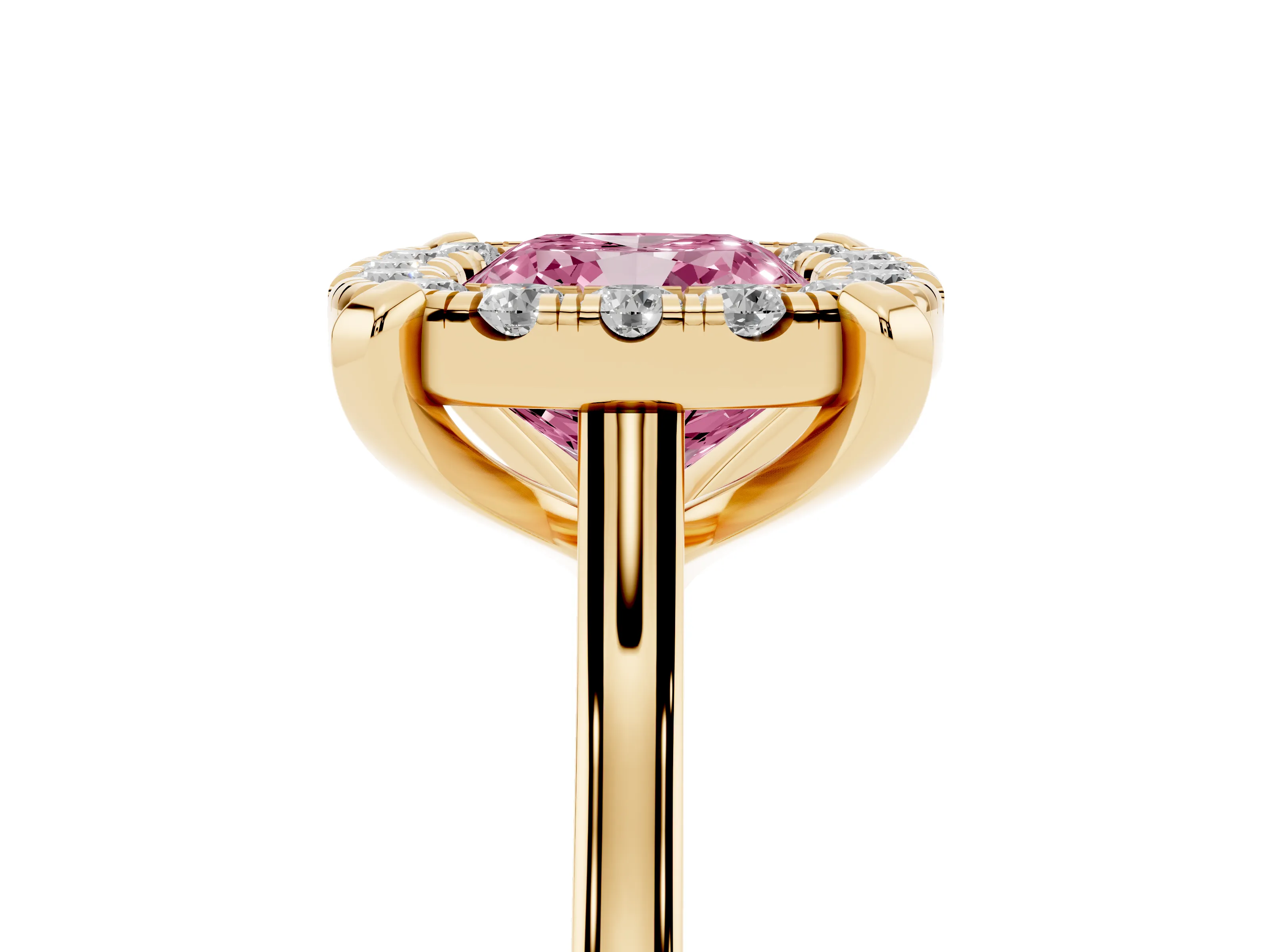 Fancy Pink Cushion Cut Diamond Cluster Halo Solitaire Ring Set in Yellow gold with Prong Setting