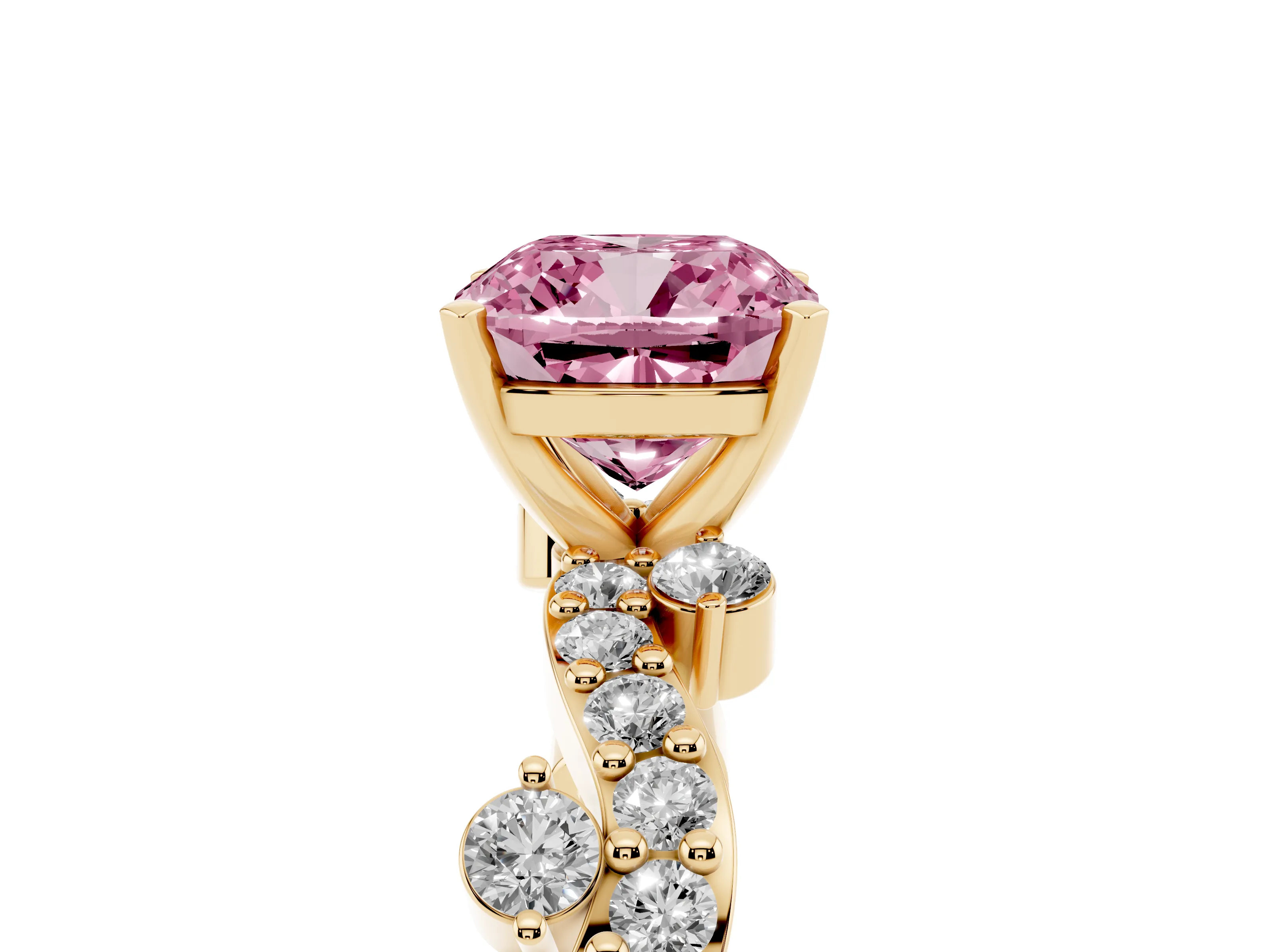 Fancy Pink Cushion Cut Diamond Solitaire Twisted Band Set in Yellow gold with Pavé Setting