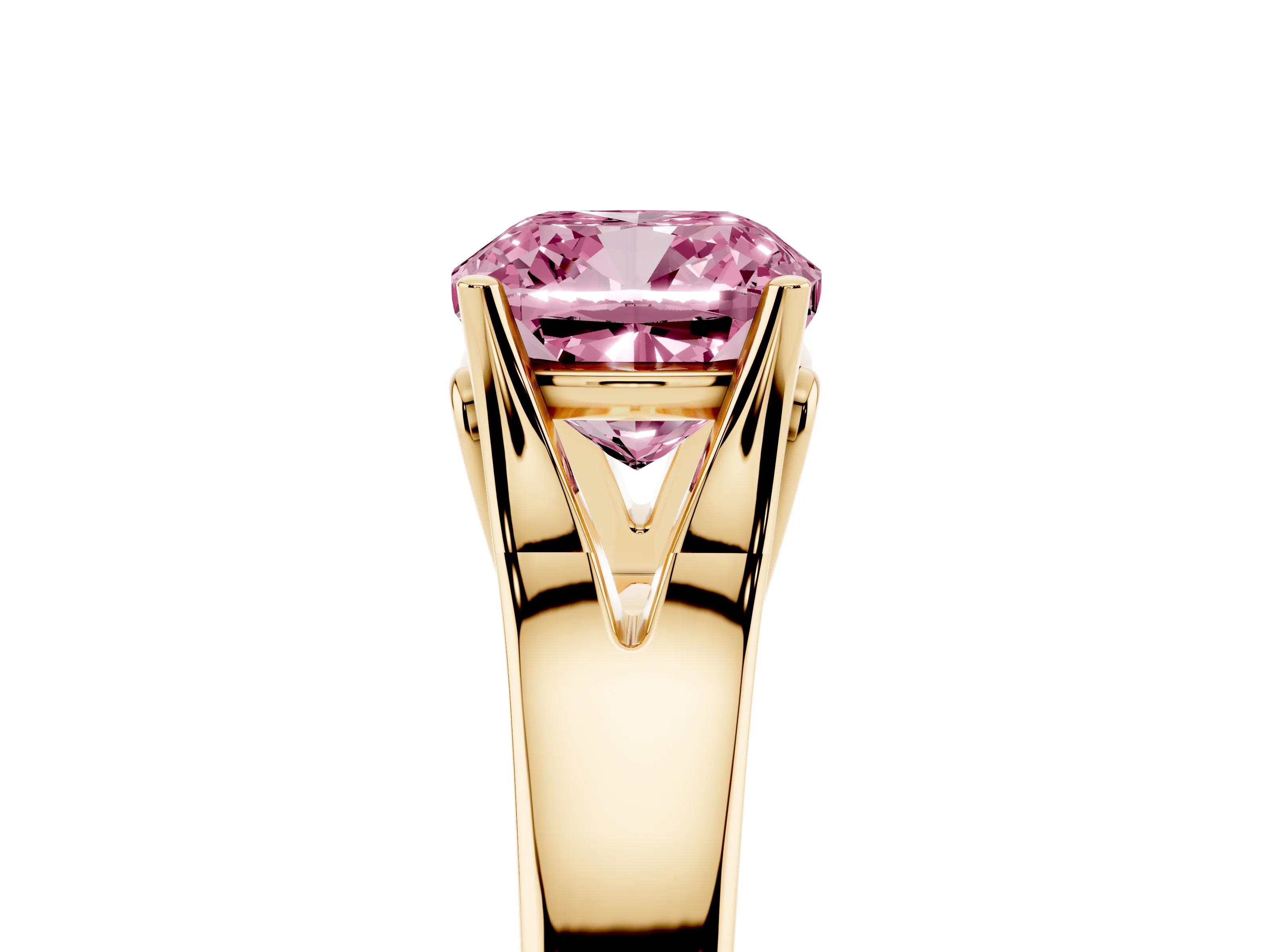Fancy Pink Cushion Cut Diamond Solitaire Ring Set in Yellow gold with Arched Cathedral Band and Prong Setting