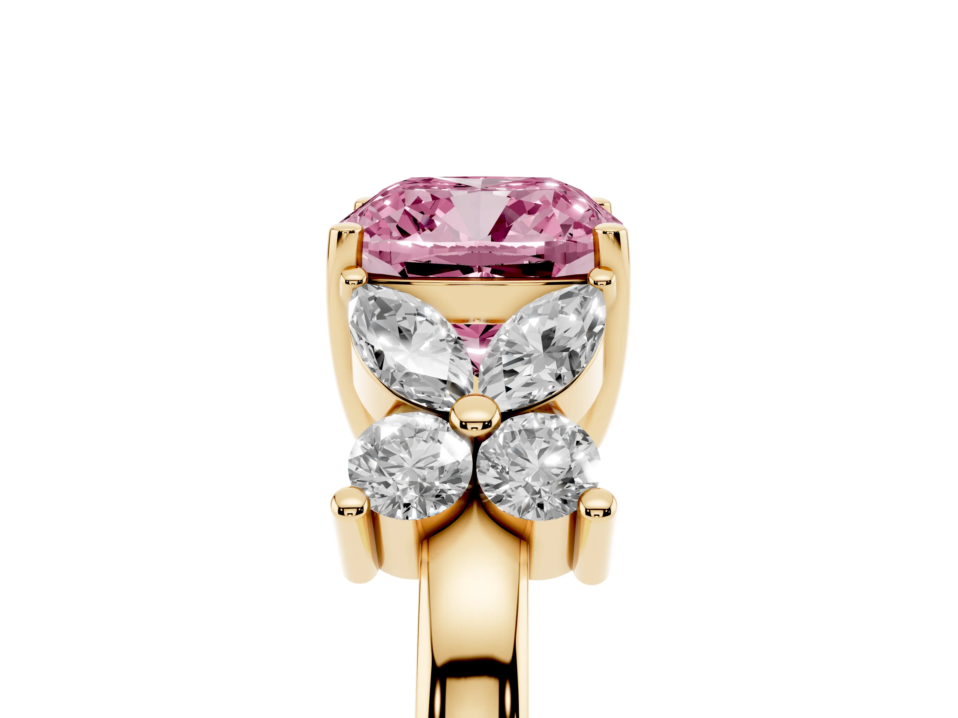 Fancy Pink Cushion Cut Diamond Floral Cluster Ring Set in Yellow gold with Marquise Petals and Prong Setting