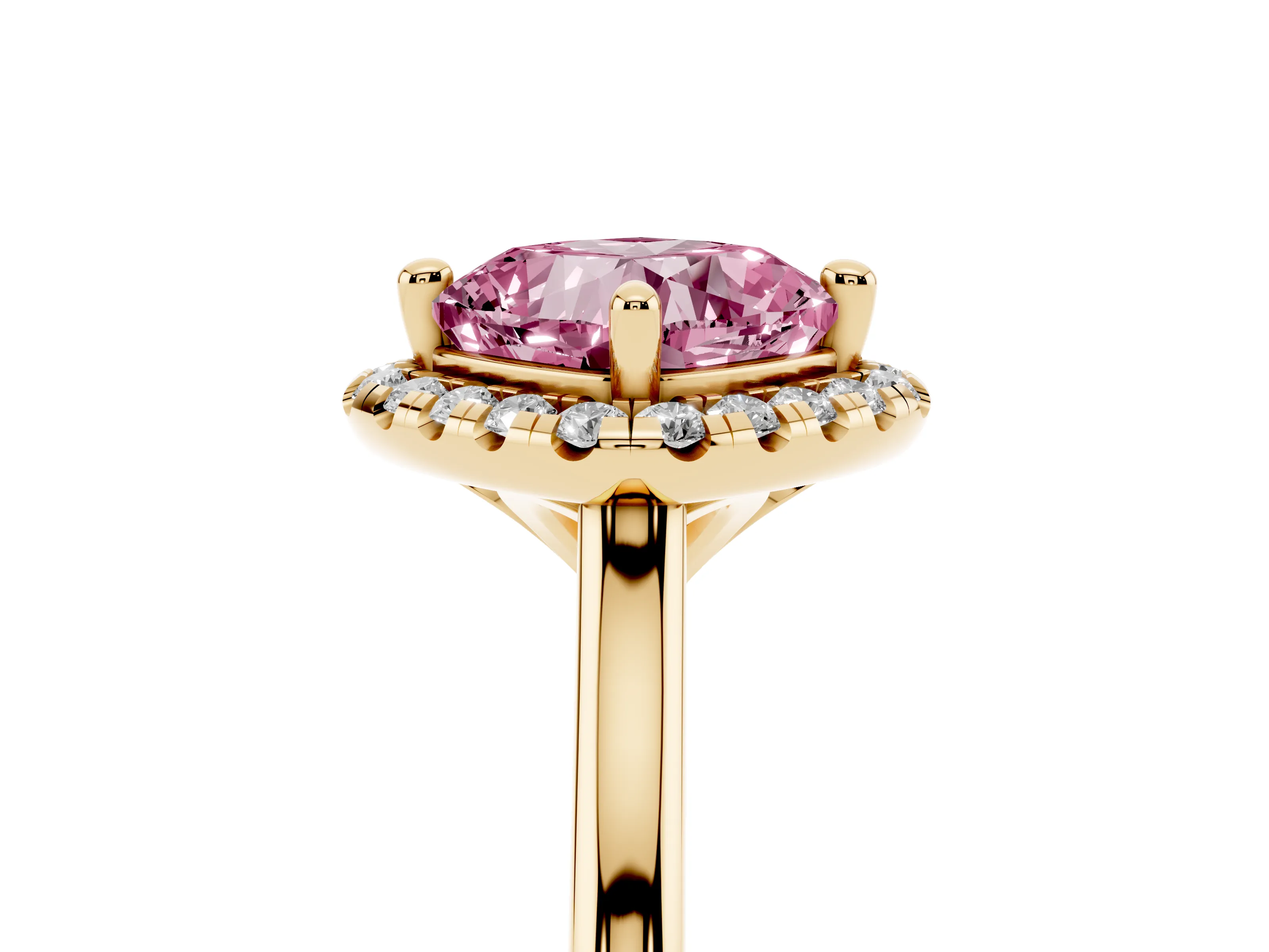 Fancy Pink Cushion Cut Diamond Halo Engagement Ring Set in Yellow gold with Pavé Band and Rising Shoulders