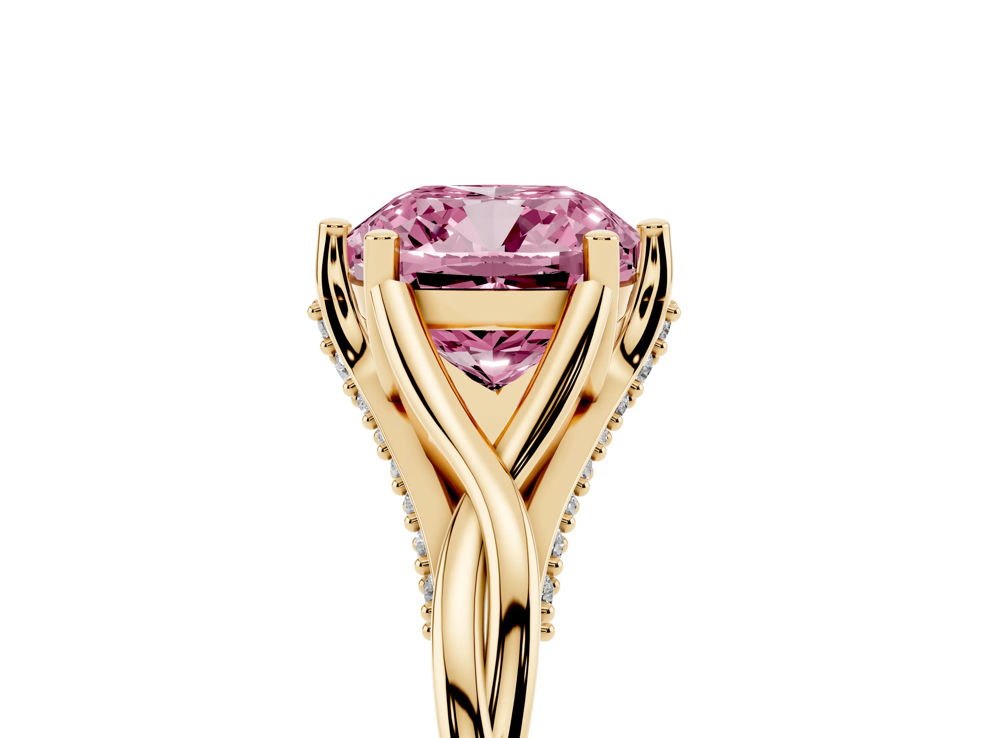 Fancy Pink Cushion Cut Diamond Intertwined Twist Band Solitaire Ring Set in Yellow gold with Prong Setting