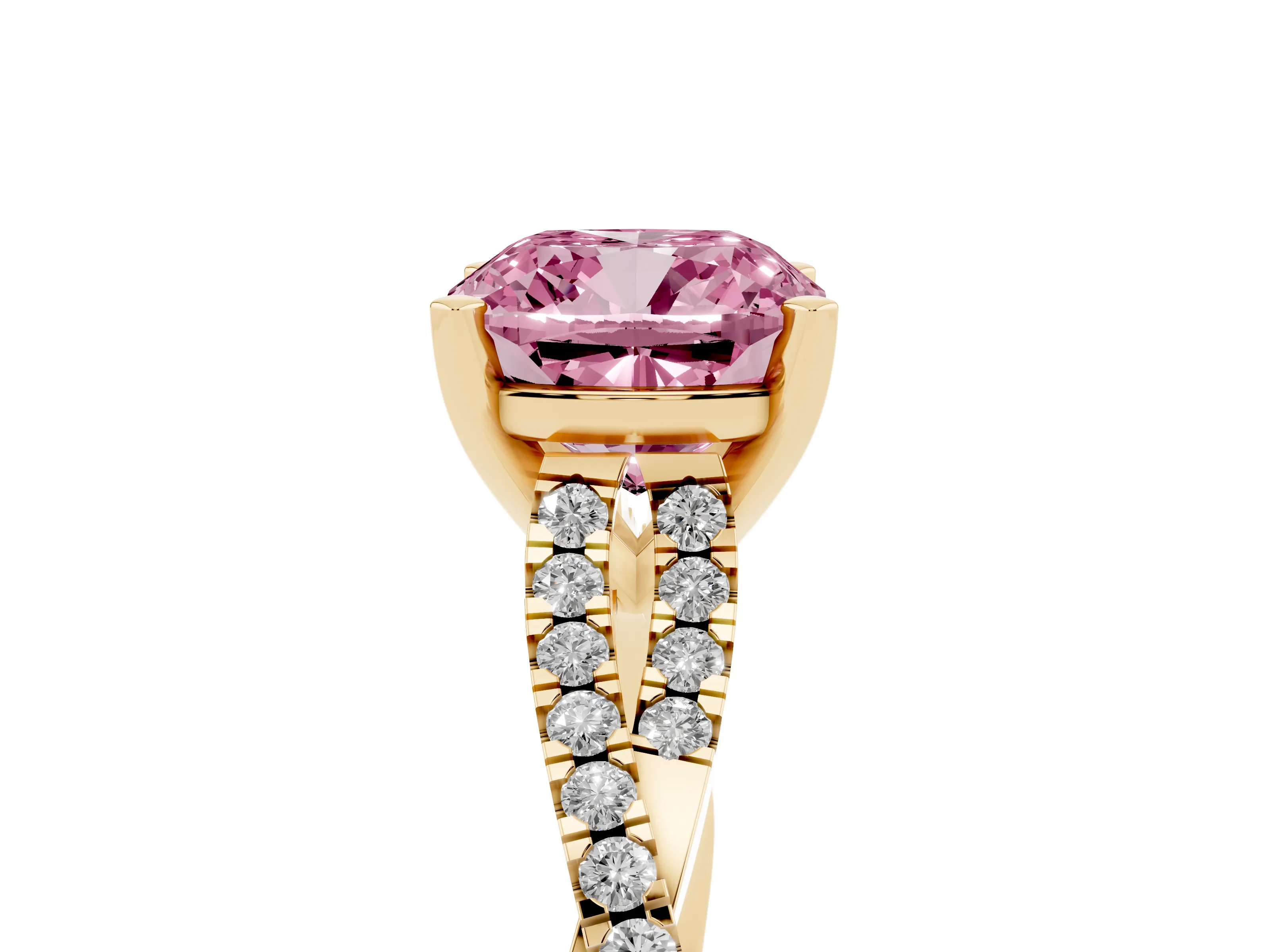 Fancy Pink Cushion Cut Diamond Solitaire Engagement Ring Set in Yellow gold with Twisted Pavé Band and Prong Setting