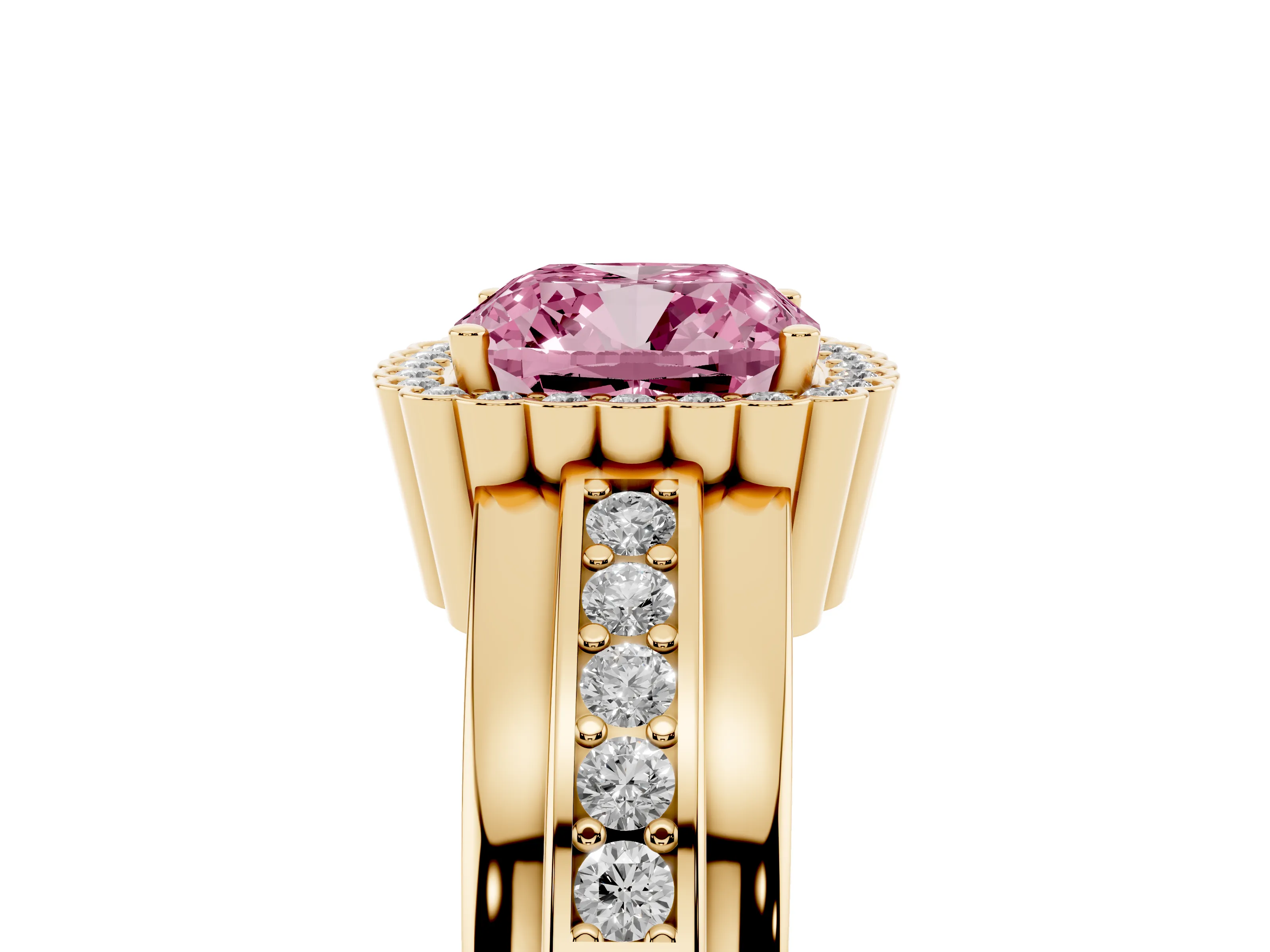 Fancy Pink Cushion Cut Diamond Halo Prong Ring Set in Yellow gold with Pavé Band