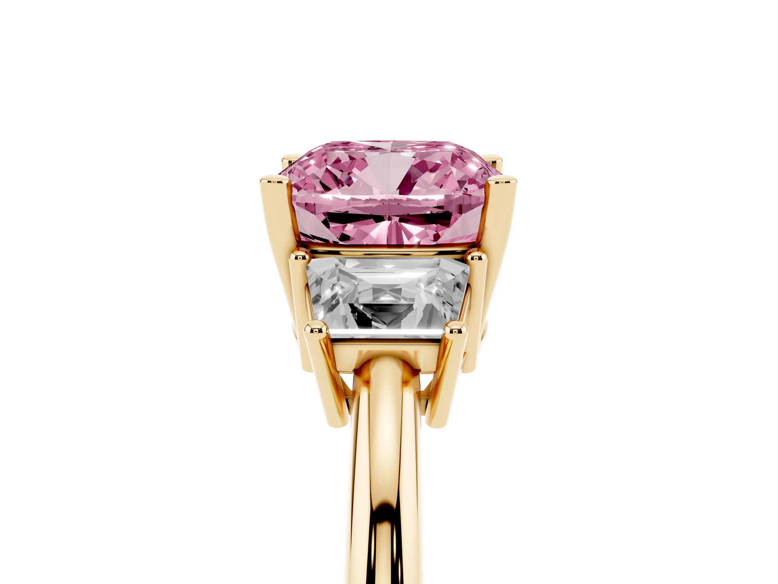 Fancy Pink Cushion Cut Diamond Three-Stone Ring Set in Yellow gold with Trapezoid Side Stones and Prong Setting