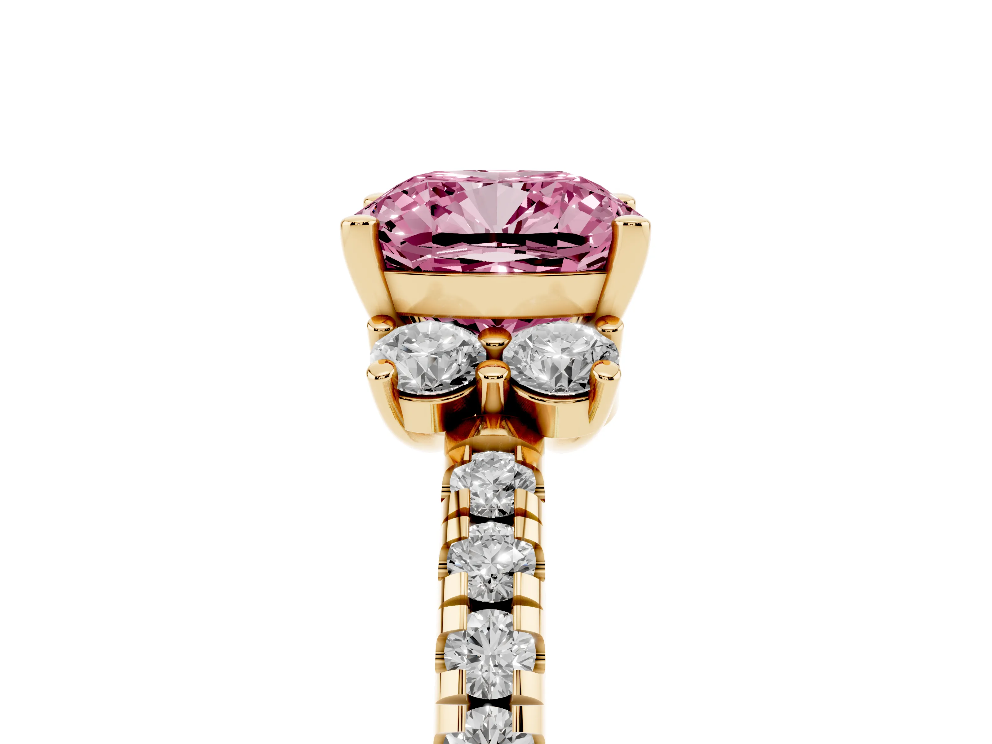 Fancy Pink Cushion Cut Diamond Three-Stone Pavé Ring Set in Yellow gold with Prong Setting
