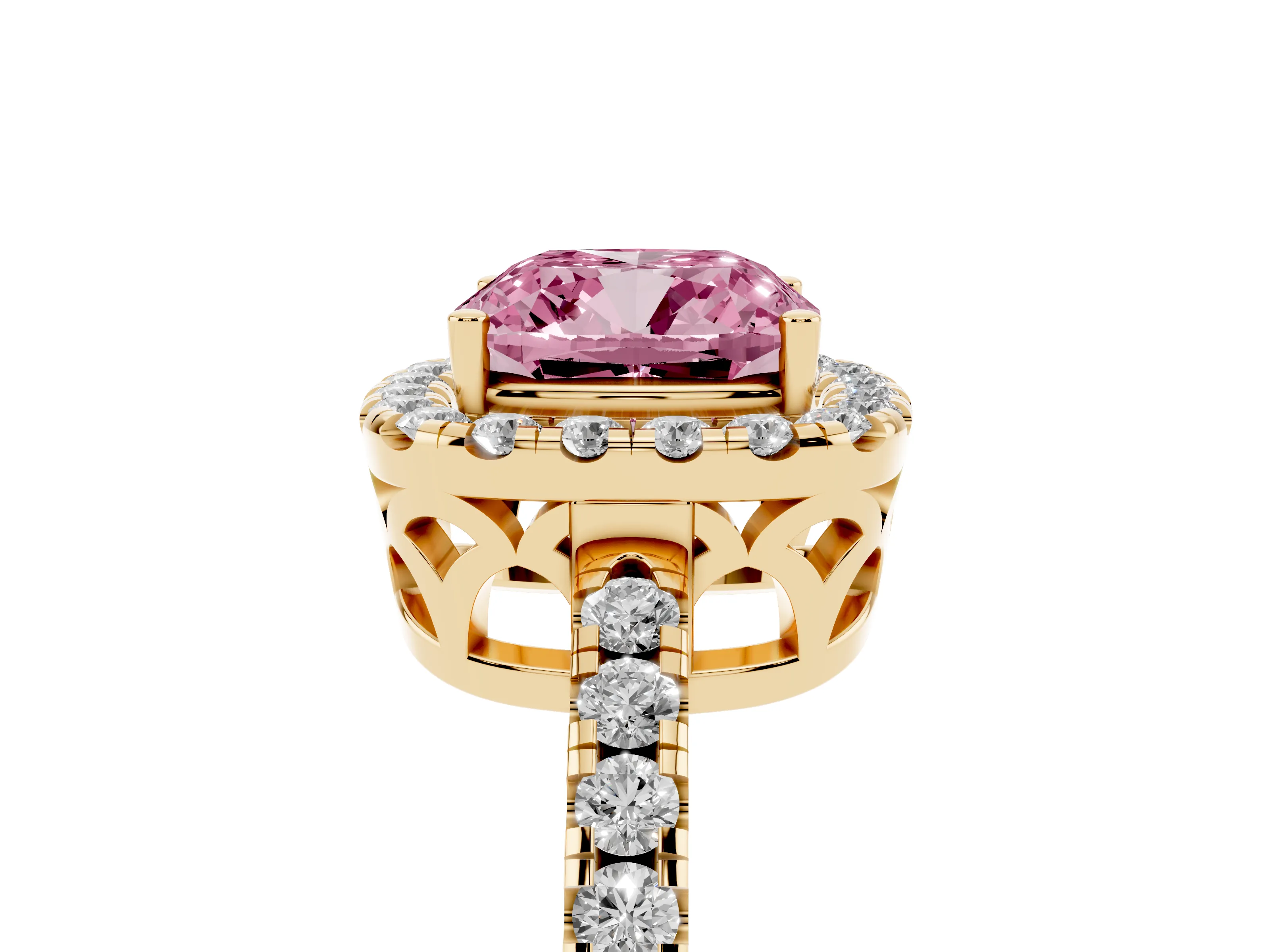 Fancy Pink Cushion Cut Diamond Pavé Band Halo Engagement Ring Set in Yellow gold with Prong Setting