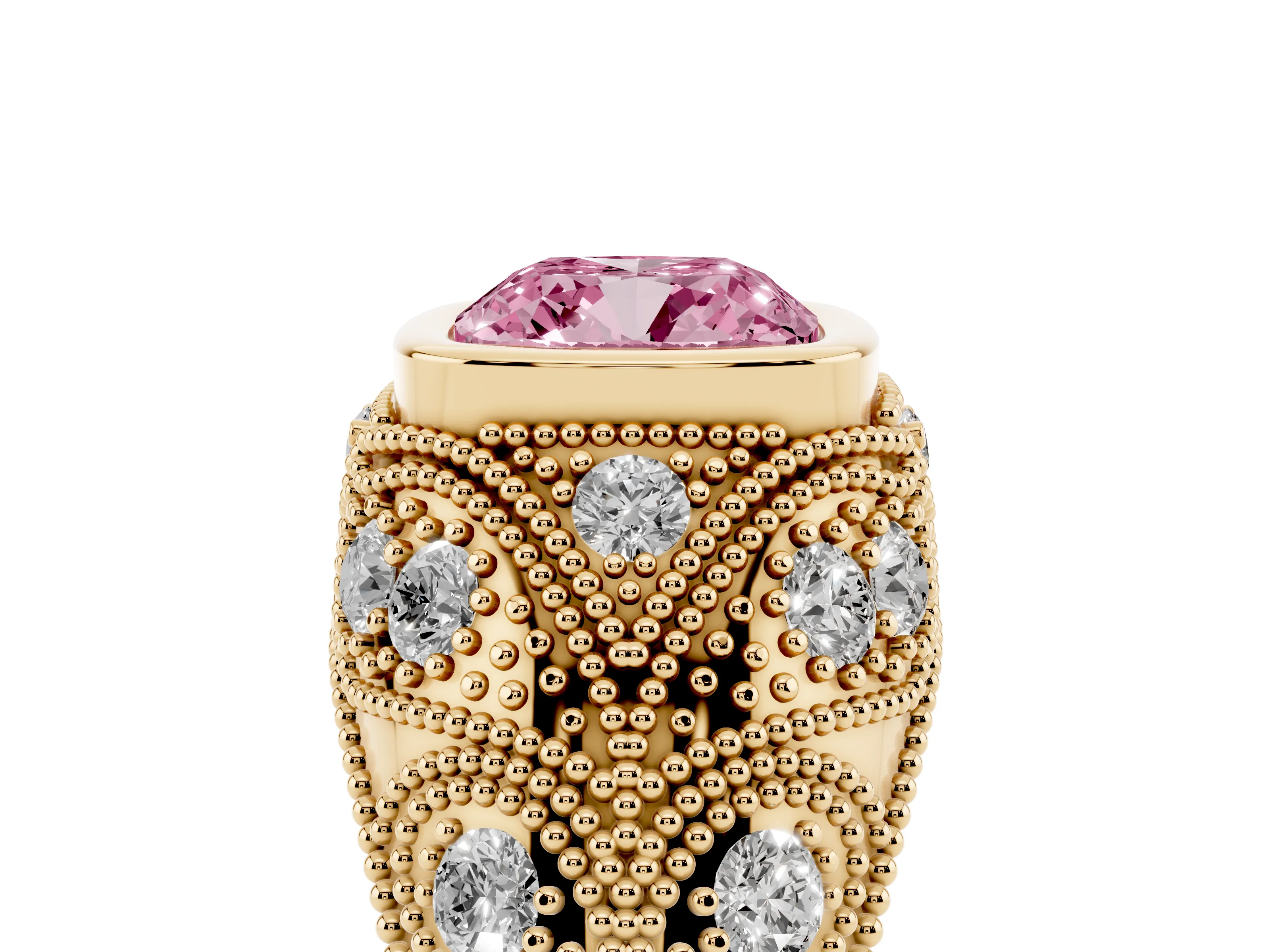 Fancy Pink Cushion Cut Diamond Bezel Ring Set in Yellow gold with Milgrain Accent Band
