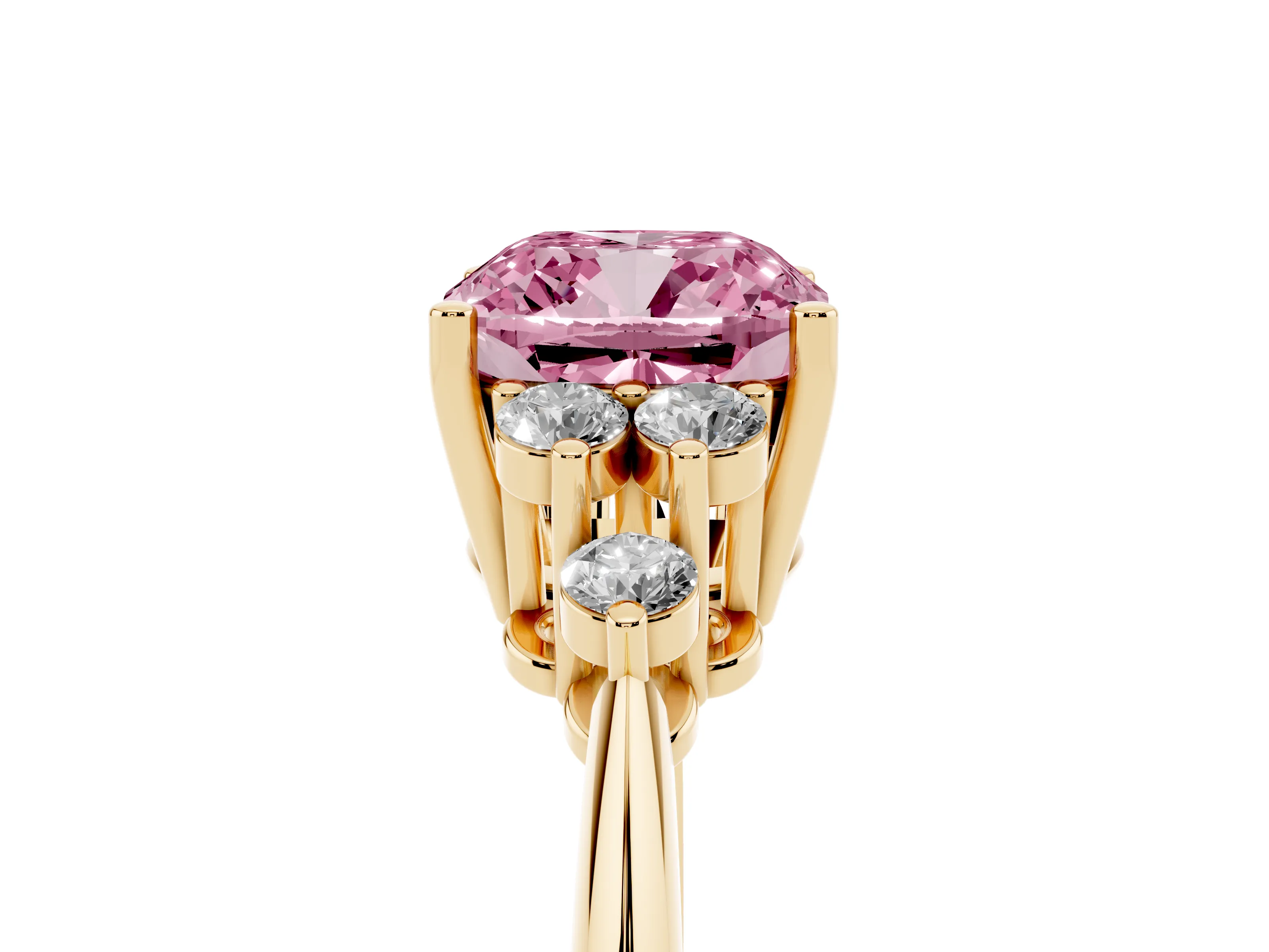 Fancy Pink Cushion Cut Diamond Cluster Ring Set in Yellow gold with Plain Band and Prong Setting
