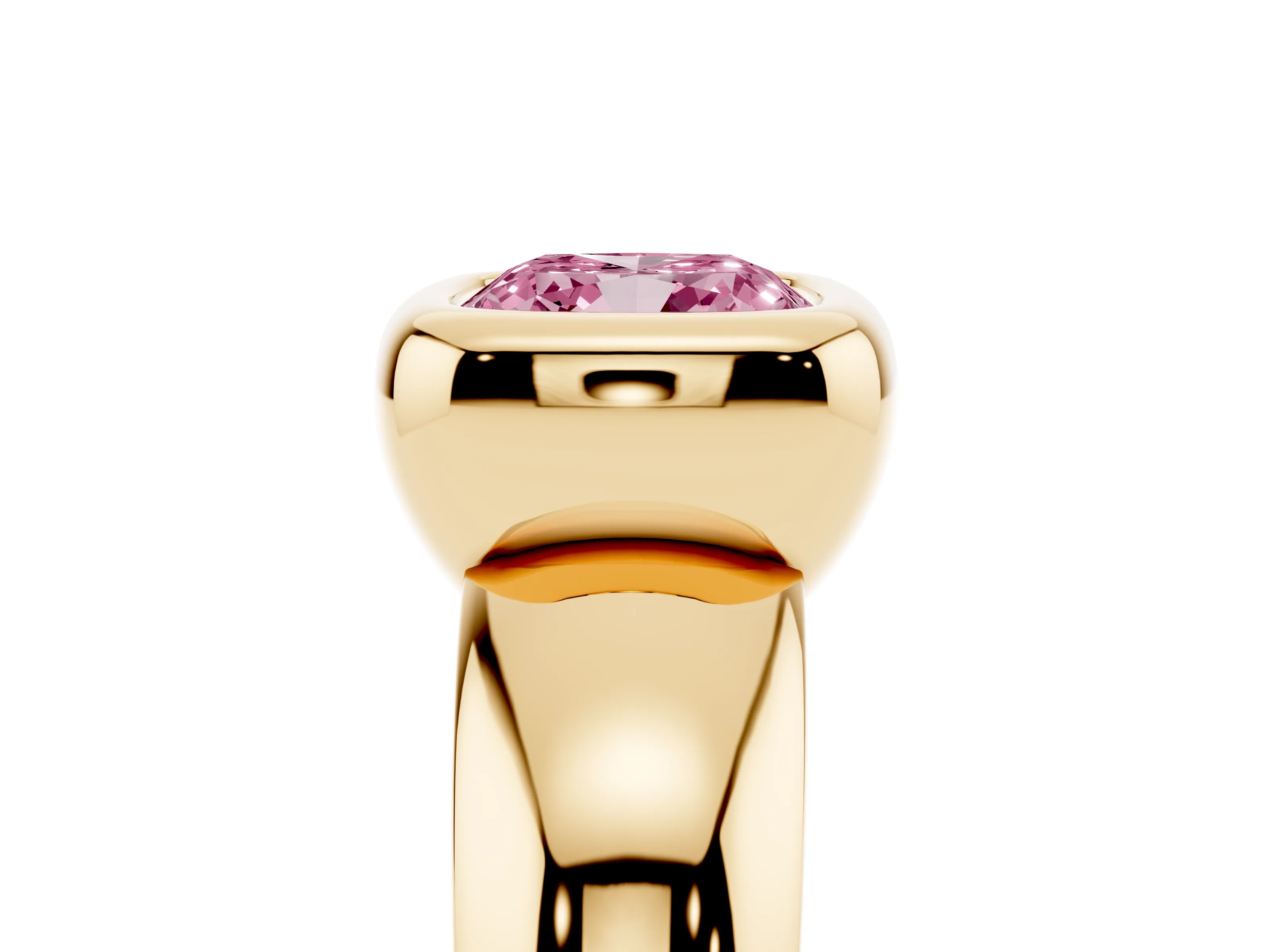 Fancy Pink Bezel Set Cushion Cut Diamond Solitaire Ring Set in Yellow gold with Wide Band