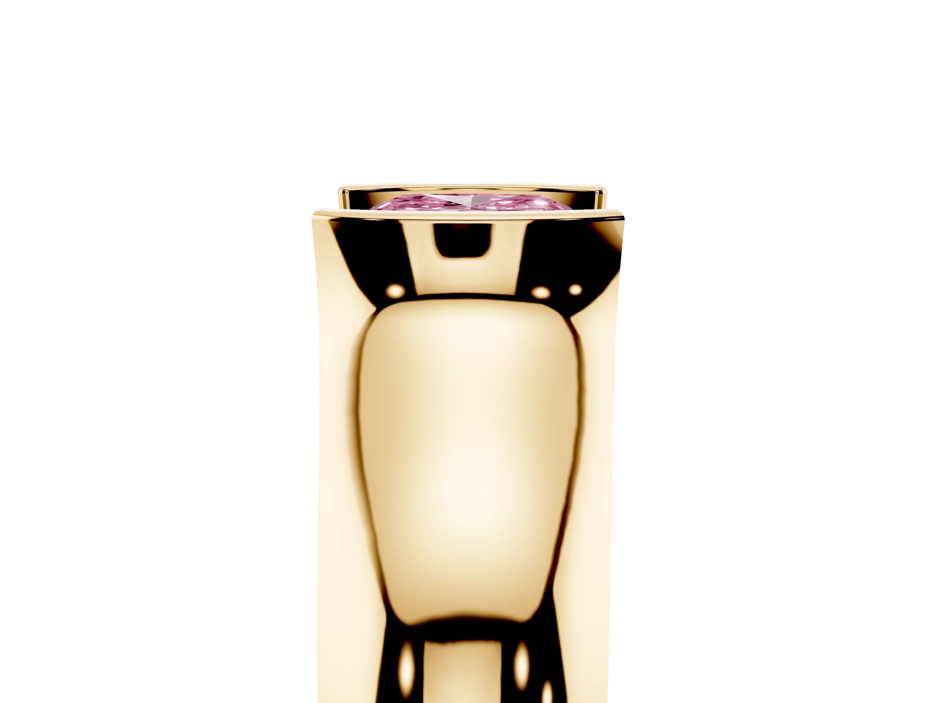 Fancy Pink Cushion Cut Diamond Bezel Solitaire Ring Set in Yellow gold with Wide Band