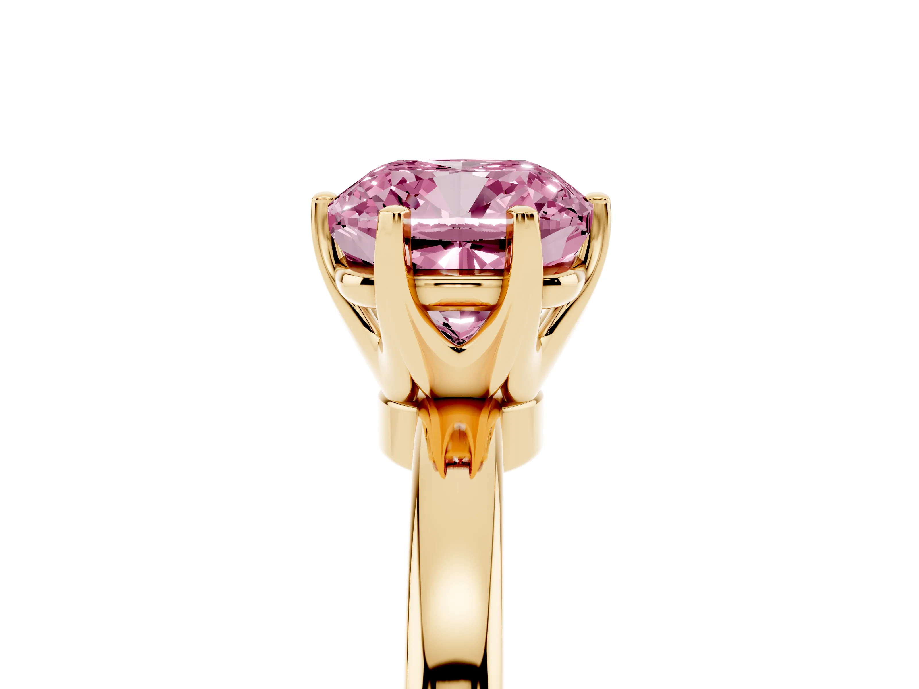 Fancy Pink Cushion Cut Diamond Solitaire Ring Set in Yellow gold with Raised Prong Setting on a Classic Band