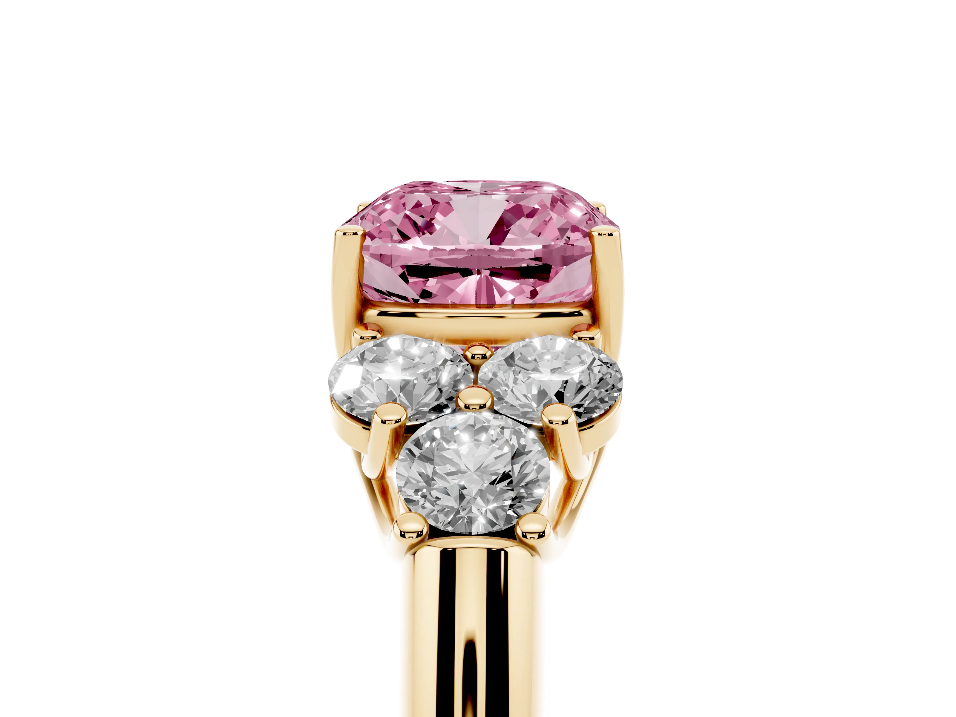 Fancy Pink Cushion Cut Diamond Cluster Ring Set in Yellow gold with Round Accent Stones and Prong Setting on a Plain Band