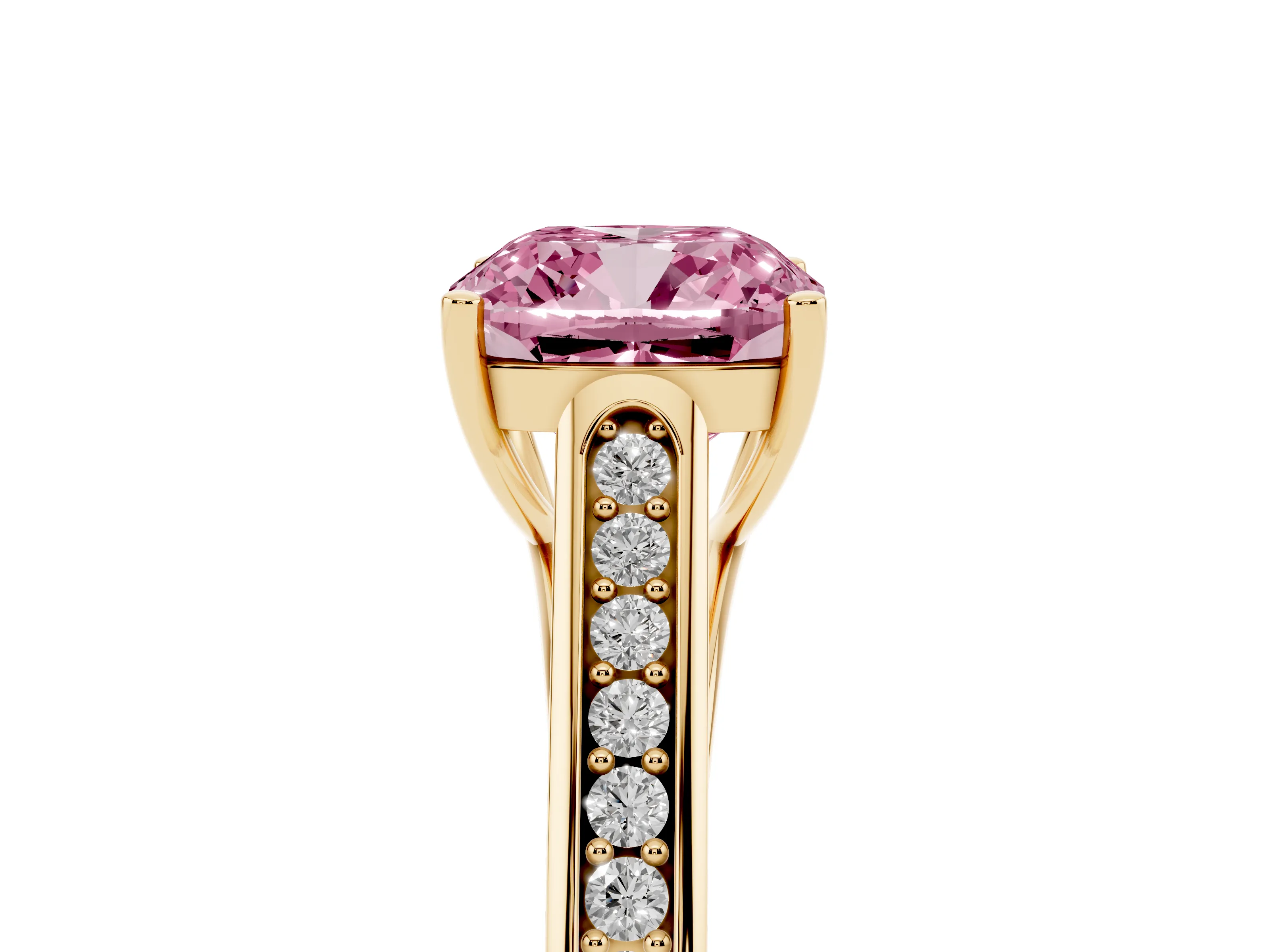 Fancy Pink Cushion Cut Diamond Solitaire Cathedral Engagement Ring Set in Yellow gold with Channel-Set Band and Prong Setting
