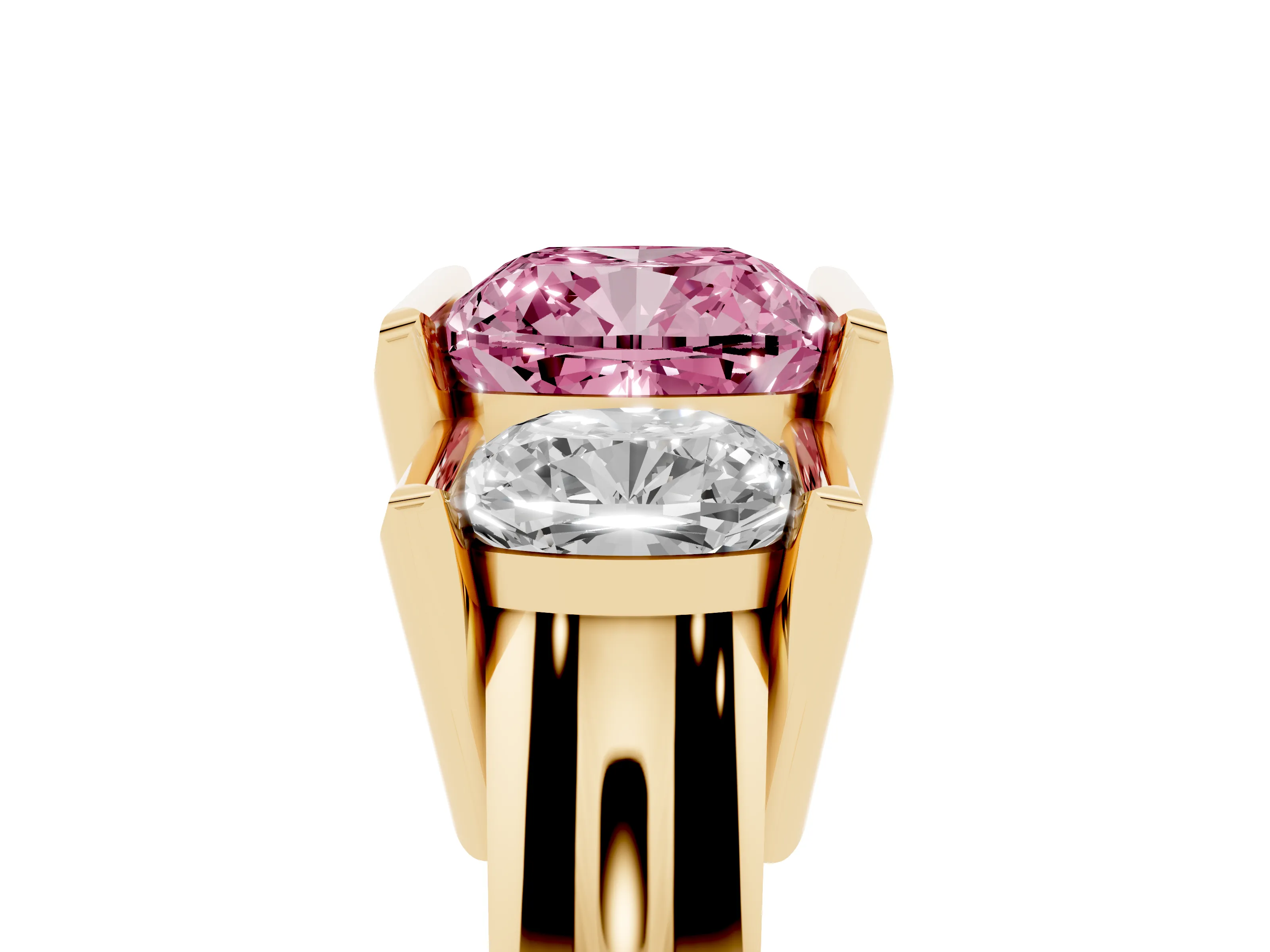 Fancy Pink Cushion Cut Diamond Three-Stone Channel Set Ring Set in Yellow gold with Smooth Polished Band