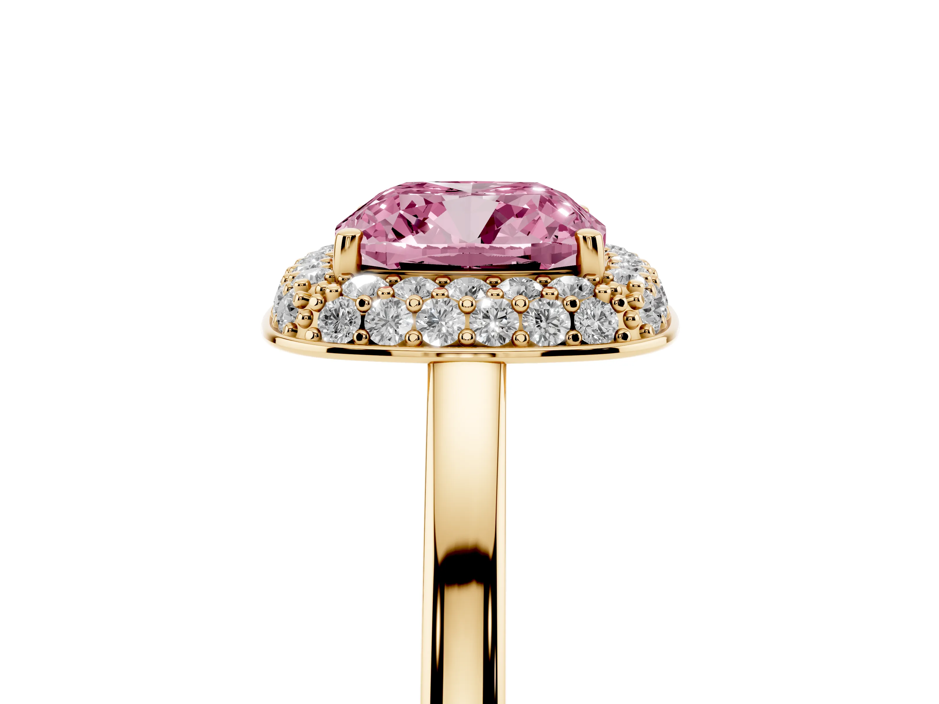 Fancy Pink Cushion Cut Diamond Halo Engagement Ring Set in Yellow gold with Solitaire Band and Prong Setting
