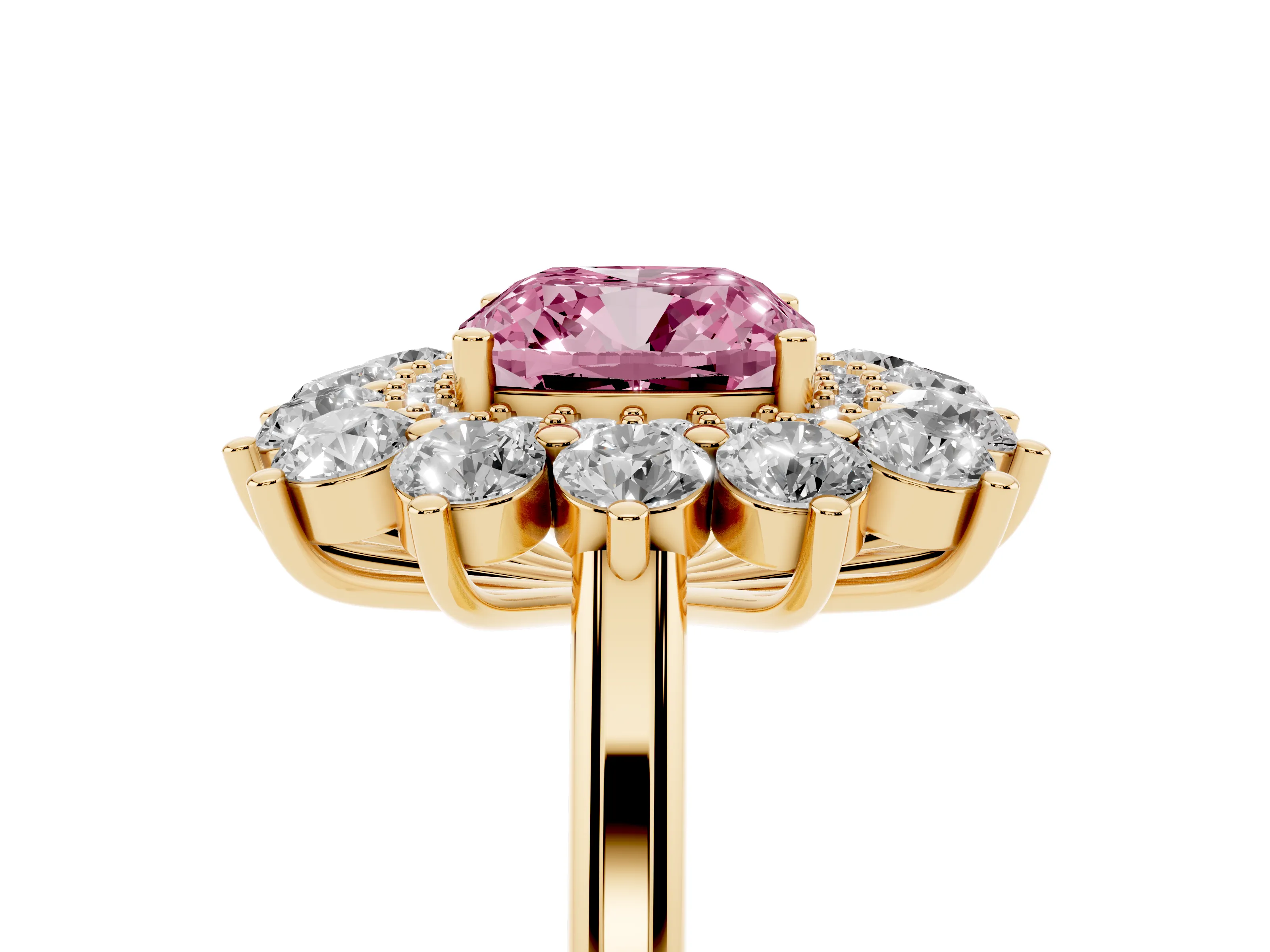 Fancy Pink Cushion Cut Diamond Floral Double Halo Ring Set in Yellow gold with Round Petals