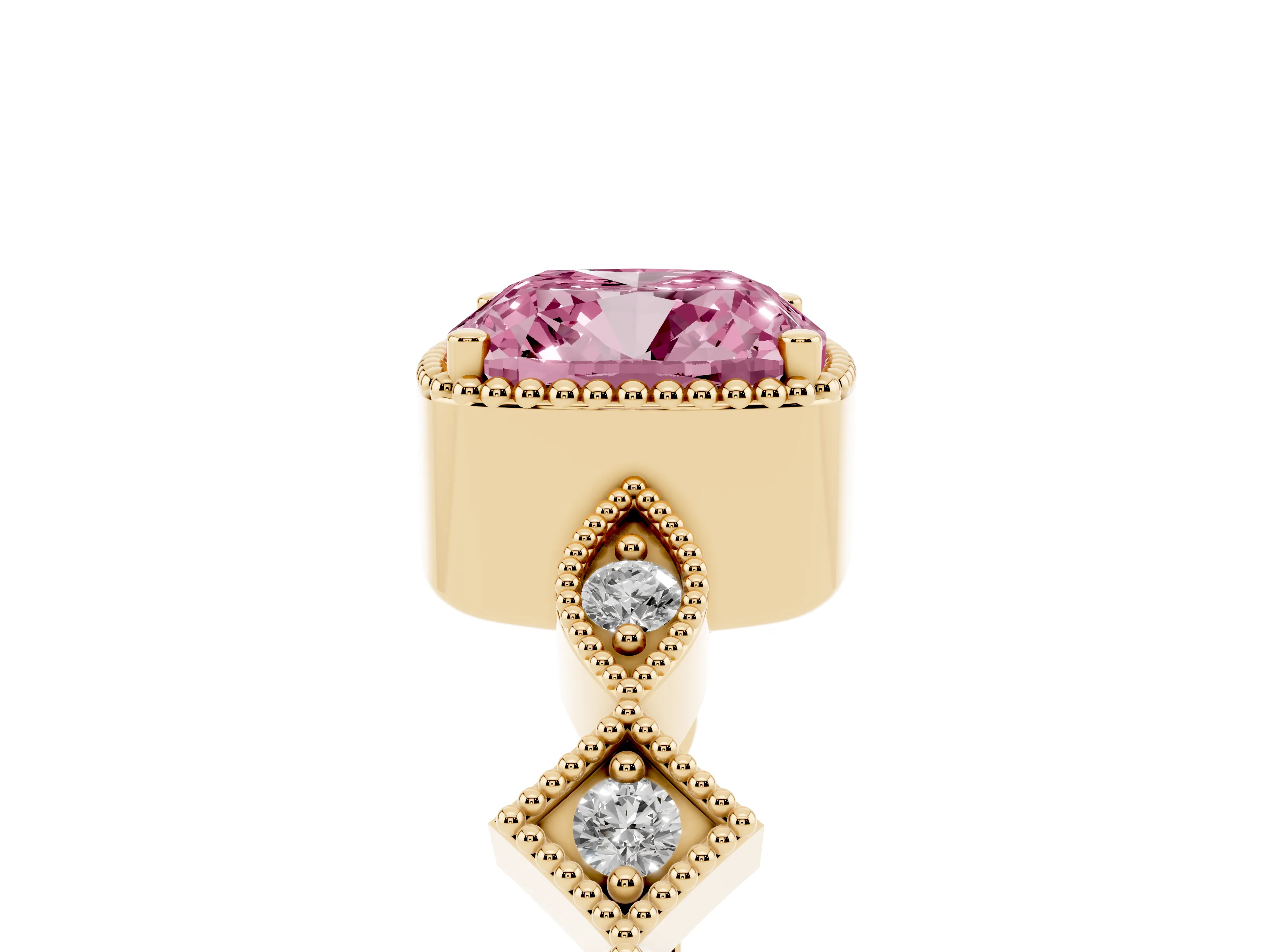 Fancy Pink Cushion Cut Diamond Milgrain Marquise Twist Band Ring Set in Yellow gold with Prong Setting