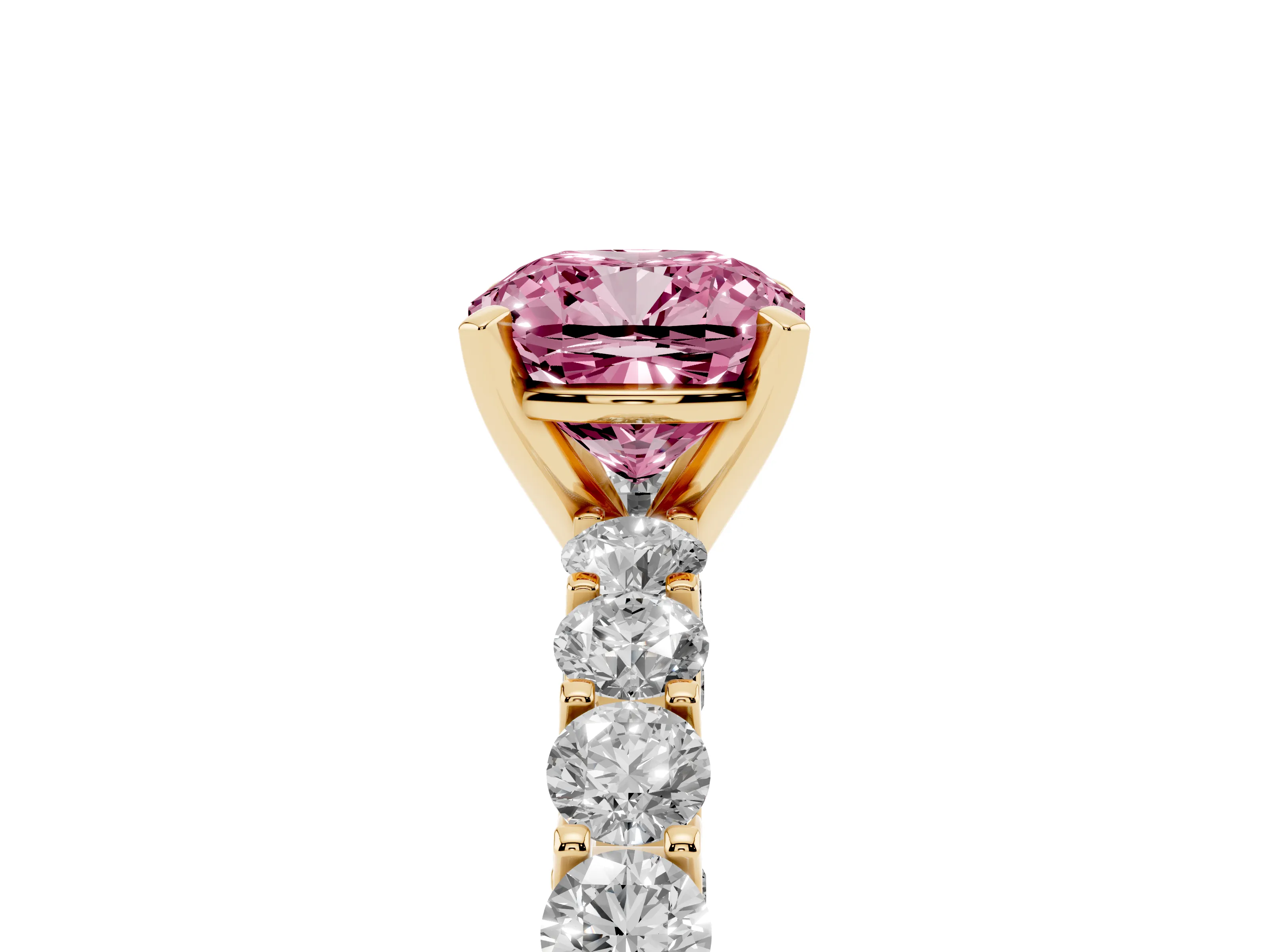 Fancy Pink Cushion Cut Diamond Solitaire Ring Set in Yellow gold with Shared Prong Pavé Band