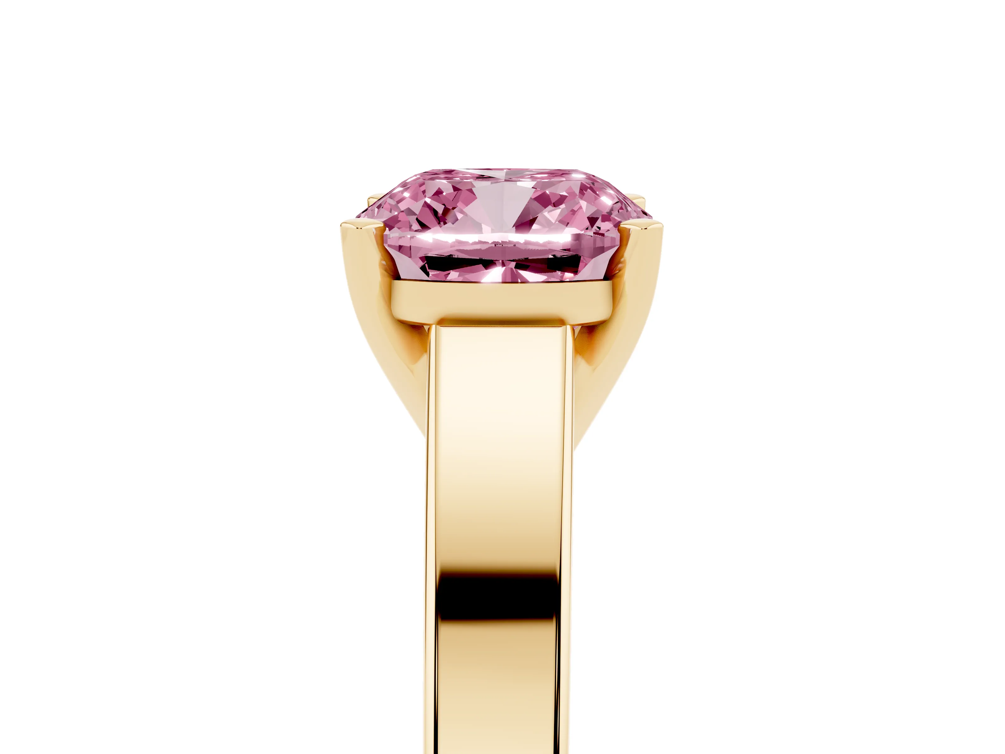 Fancy Pink Cushion Cut Diamond Solitaire Engagement Ring Set in Yellow gold with Prong Setting and Tapered Band